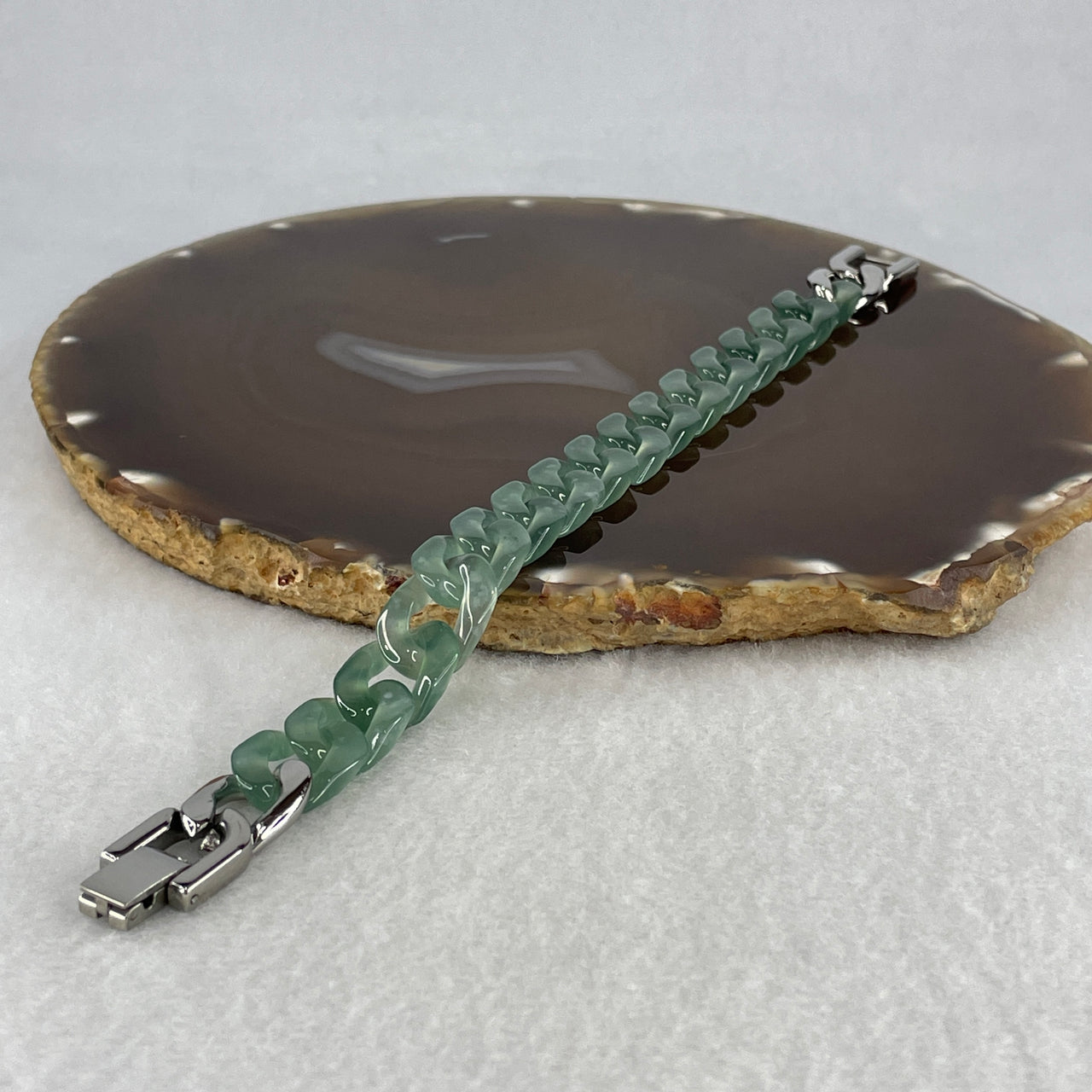 Certified Natural Type A Icy Blueish Green Jadeite Cuban Tennis Bracelet with Stainless Steel Clasp 20.94g Up to 17cm 11.7 by 3.6mm 16 Pcs