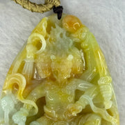 Rare Grand Master Type A 4 Colours Yellow Lavender Green Red Jadeite Neza on Dragon A货大师四彩翡翠哪咋三太子牌 70.66g 71.8 by 48.6 by 11.8mm with Wooden Stand - Huangs Jadeite and Jewelry Pte Ltd
