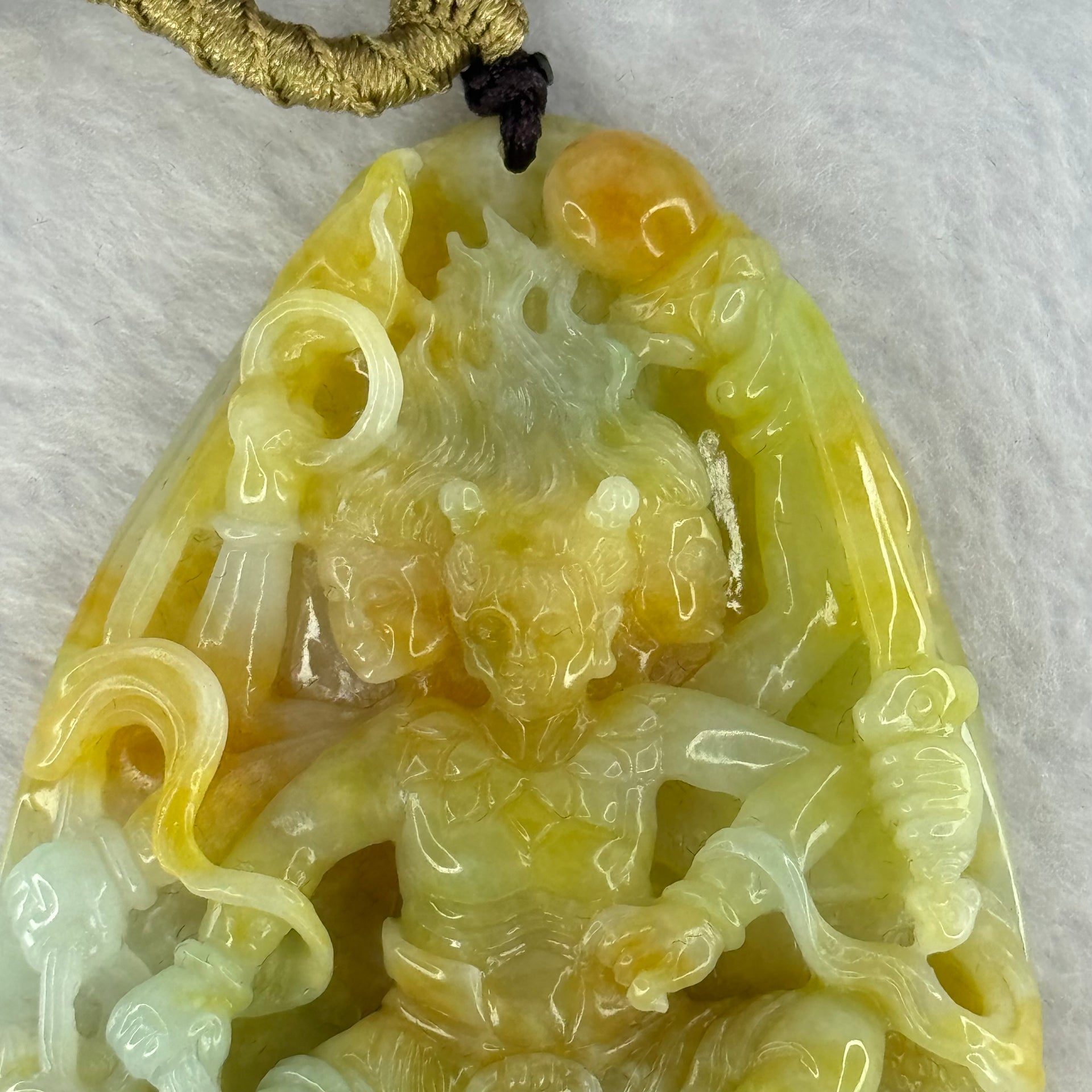 Rare Grand Master Type A 4 Colours Yellow Lavender Green Red Jadeite Neza on Dragon A货大师四彩翡翠哪咋三太子牌 70.66g 71.8 by 48.6 by 11.8mm with Wooden Stand - Huangs Jadeite and Jewelry Pte Ltd