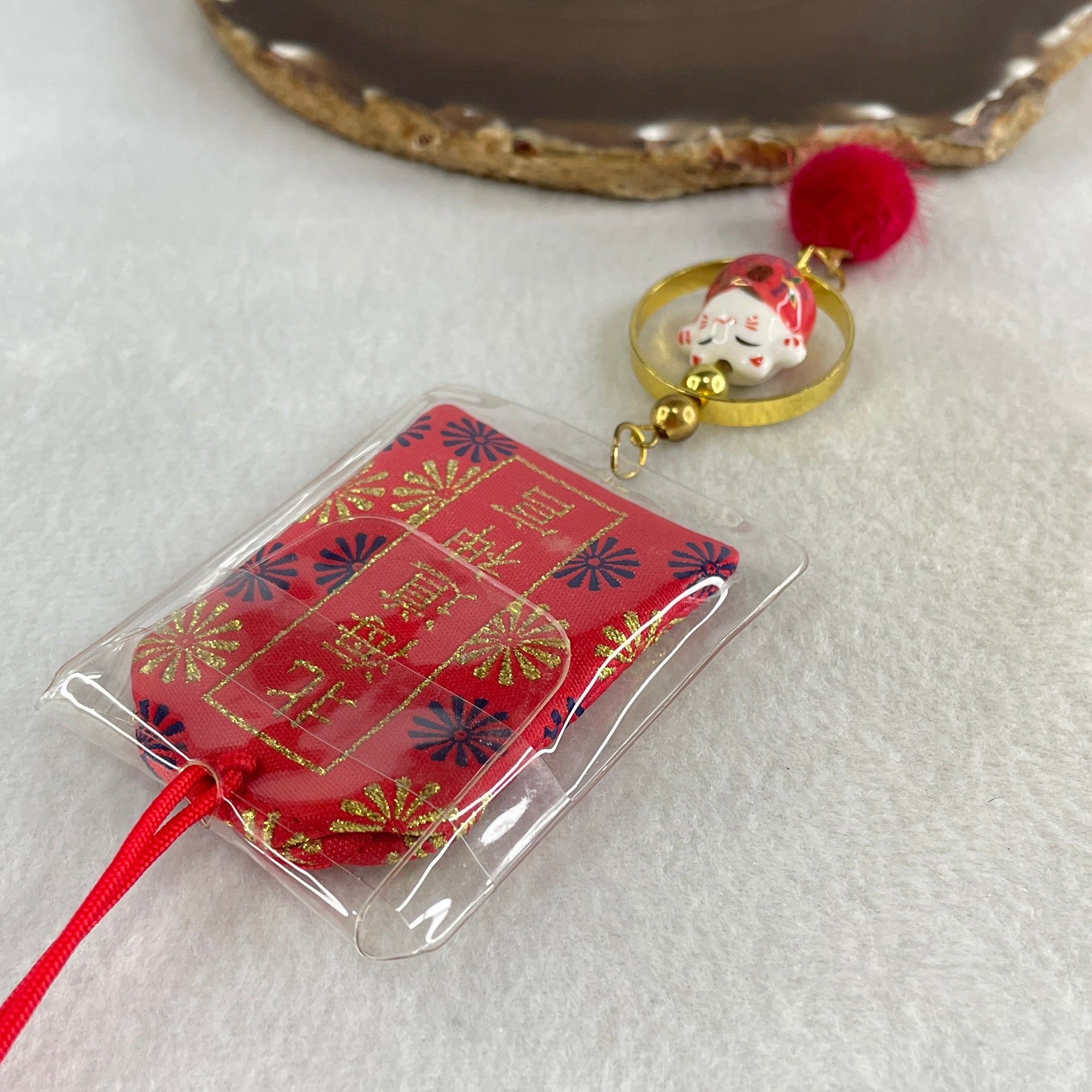 Porcelain Red Fortune Cat Health Care Charm 13.31g 15.1 by 17.5 by 14.1mm - Huangs Jadeite and Jewelry Pte Ltd