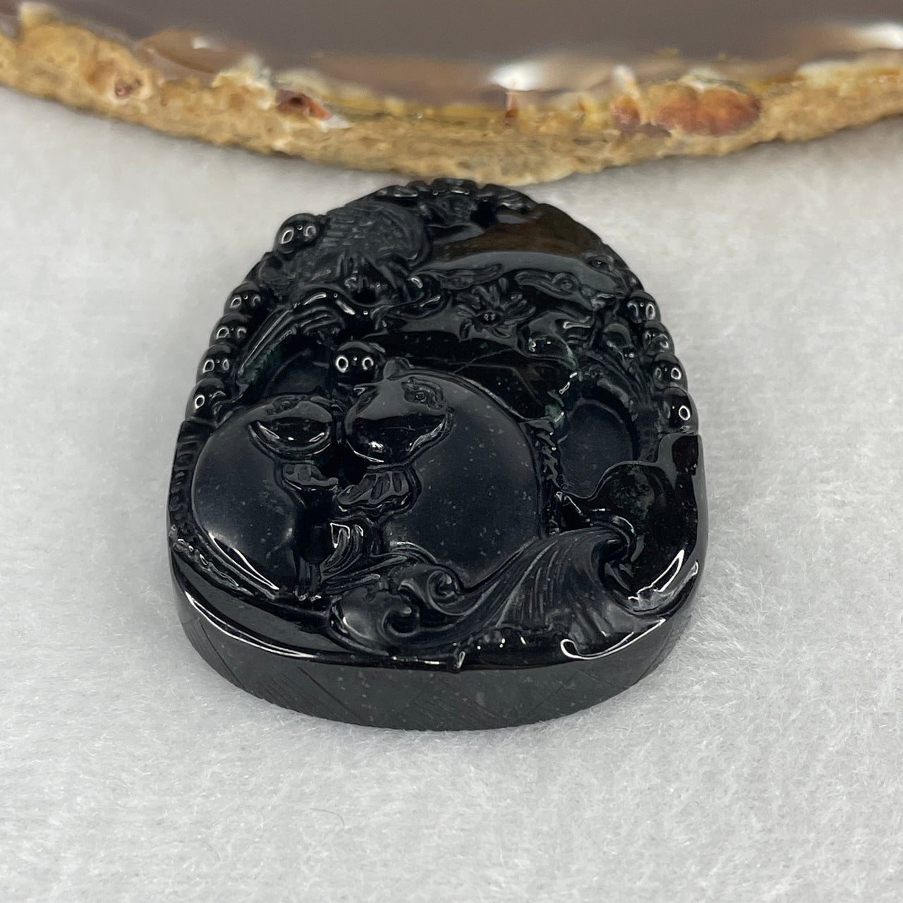 Wealth, Abundance and Good Luck - Certified Natural Type A Black Omphacite Jadeite Twins Fish with Crane and Lotus Leaf Pendant 25.62g 51.7 by 38.1 by 8.4mm