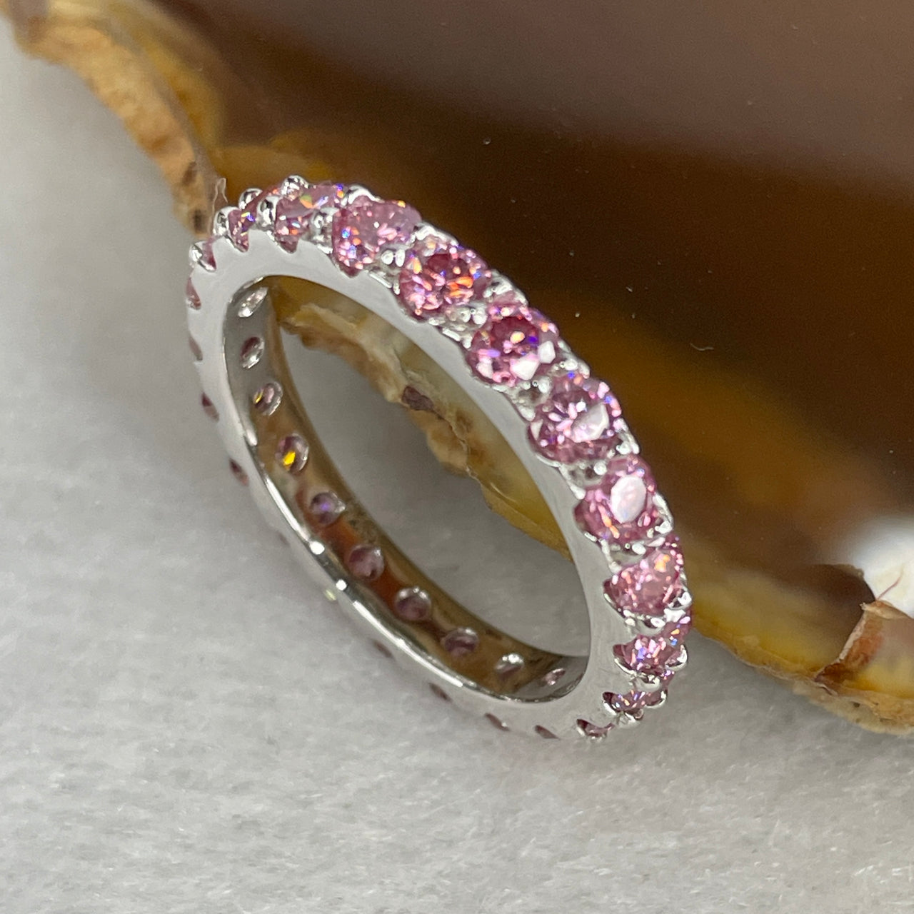 Natural Pink & Colorless Moissanite Eternity Ring | Solid S925 Sterling Silver | US Size 8 (HK 17.6) | 3.0mm Pastel "Blushing Ice" Continuous Multi-Color Ribbon Luxury Band (2.85g)