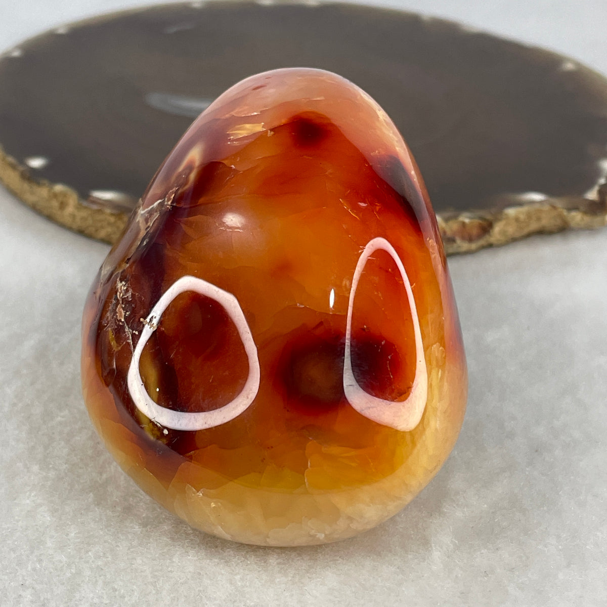 Natural Carnelian Agate Triangular Sculpture Display with Wooden Stand | Fiery Vitality & Sacred Geometry (502.4g | 98.0x87.5x110.5mm | Synergy, Creative Ignition, Executive Motivation & Feng Shui Wealth Fire)
