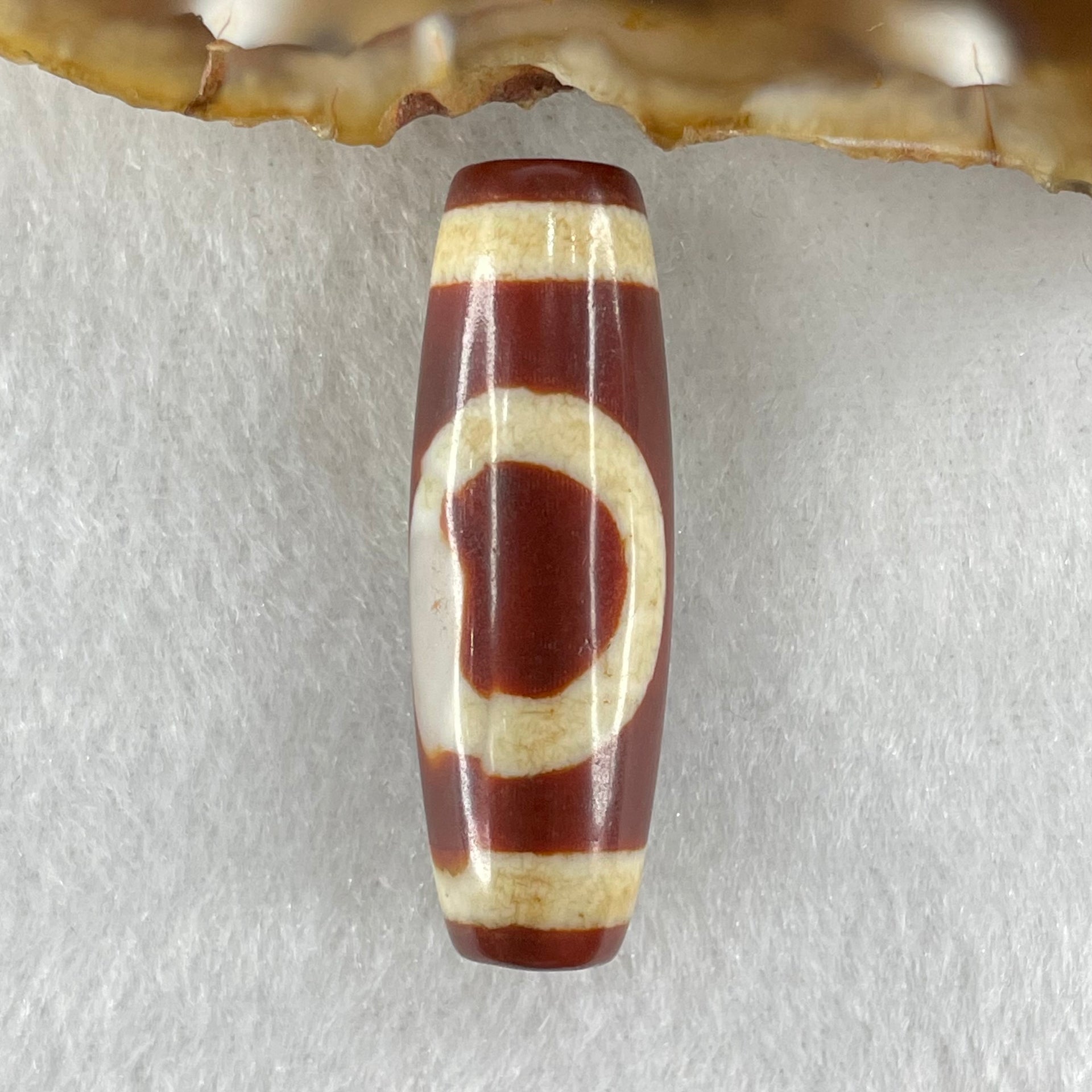 Natural Powerful Tibetan Old Oily Red White Agate One Eye Fire Sign Dzi Bead Heavenly Master (Tian Zhu) 一眼火天珠 9.27g 37.7 by 12.7mm - Huangs Jadeite and Jewelry Pte Ltd