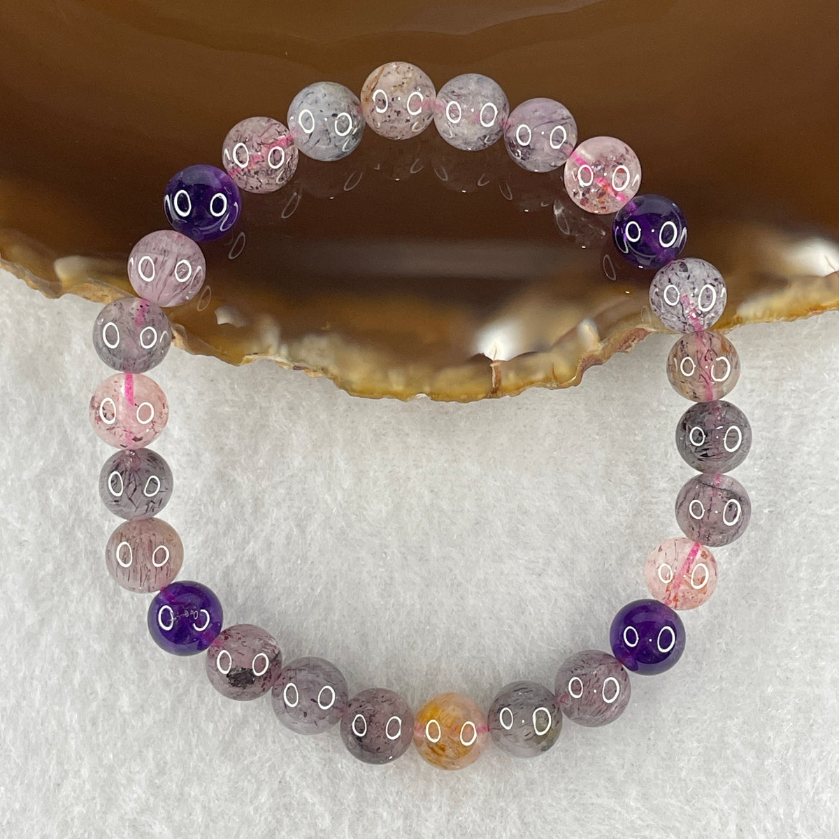Certified Above Average Grade Natural Super 7 Crystal Beads Bracelet | 7.3mm Dainty Sacred 7-Mineral Synergy Power (13.21g | 15.5cm Petite Wrist Sizing | 26 Beads)