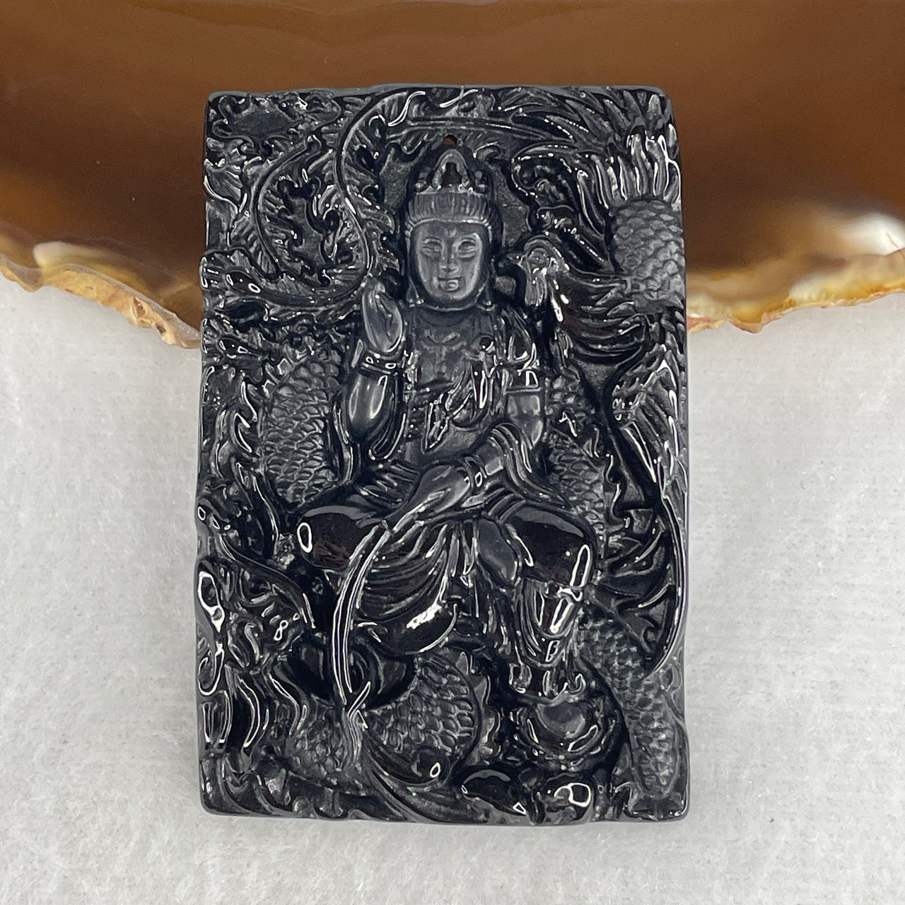 Certified Type A Opaque Black Omphacite Jadeite Mahasthamaprapta Bodhisattva on Dragon & Rooster Pendant | Great Strength, Imperial Dragon & Rooster Zodiac Protection Talisman (30.54g | 62.4 x 41.3 x 7.5mm)