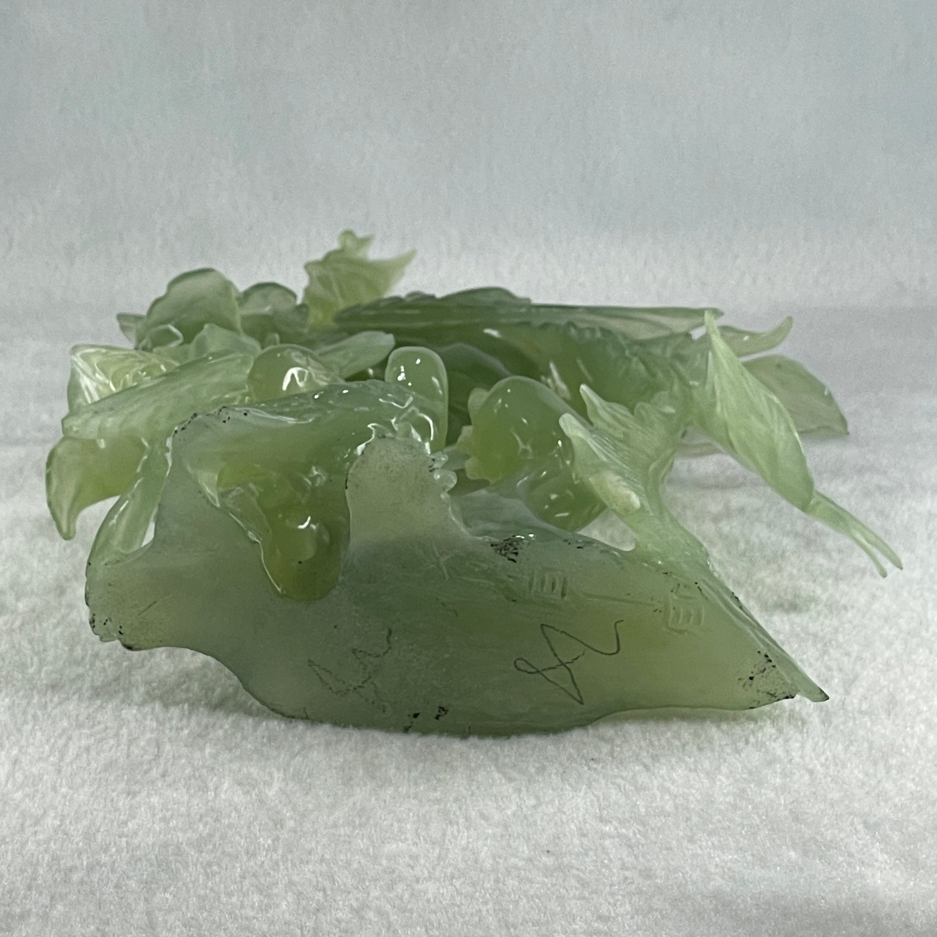 Natural Icy Light Green Serpentine Phoenix on Tree with Twin Birds and Flower with Wooden Stand Display 710.1g 169.0 by 262.0 by 84.0mm - Huangs Jadeite and Jewelry Pte Ltd