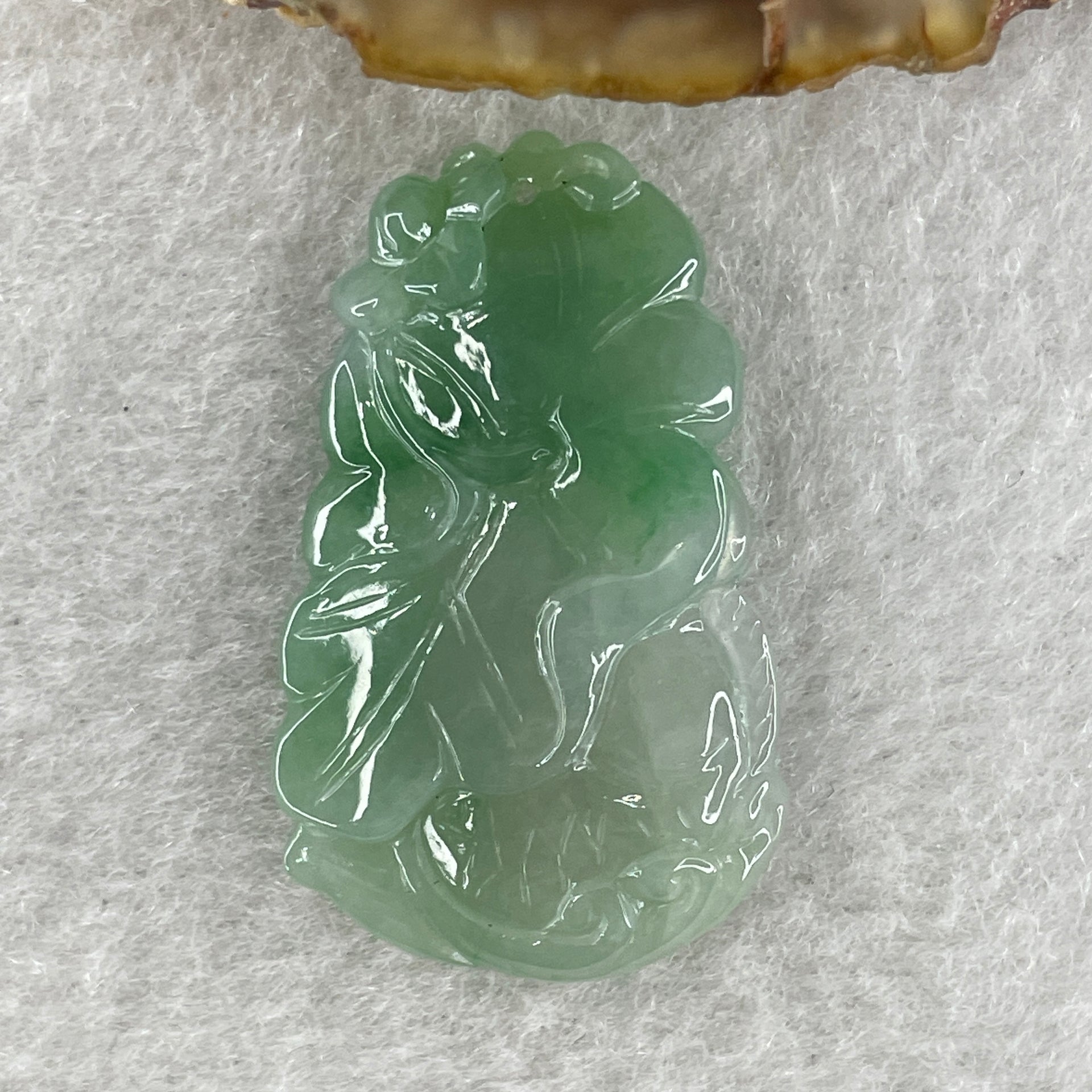 Natural Type A Jelly Green with Faint Green and Emerald Green Jadeite Carp Fish on Lotus Leaf Pendant 6.34g 34.1 by 20.3 by 6.3mm - Huangs Jadeite and Jewelry Pte Ltd