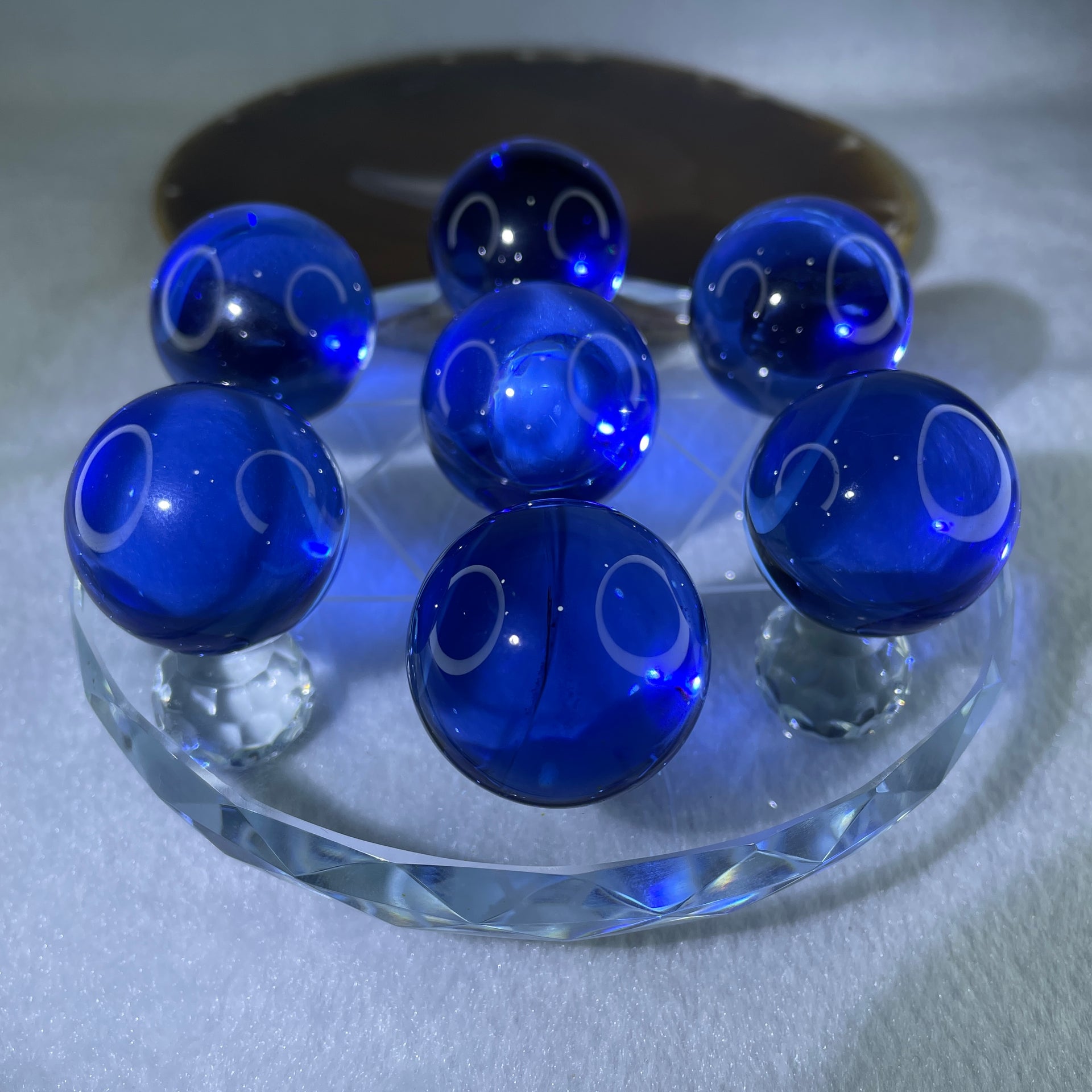 Blue Liuli 7 Sphere Balls 29.4mm Set with 7 Star Base Display 557.3g 119.5 by 55.5mm - Huangs Jadeite and Jewelry Pte Ltd