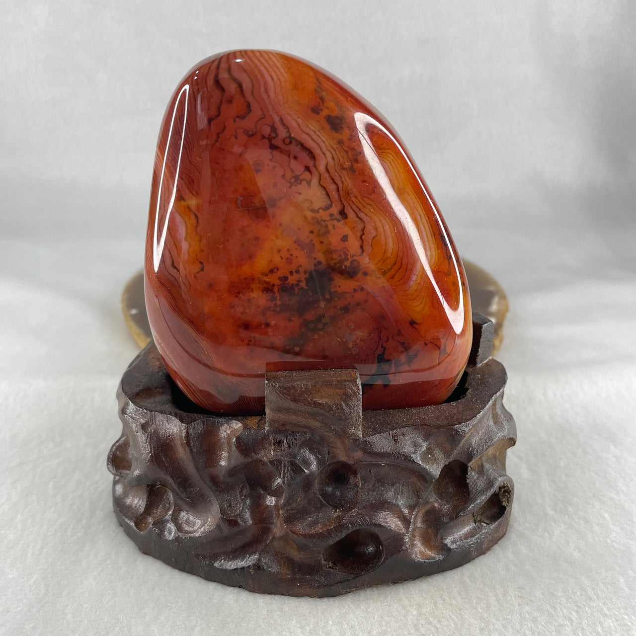 Natural Carnelian Agate Display with Wooden Stand608.4g 109.4 by 77.0 by 117.5mm - Huangs Jadeite and Jewelry Pte Ltd