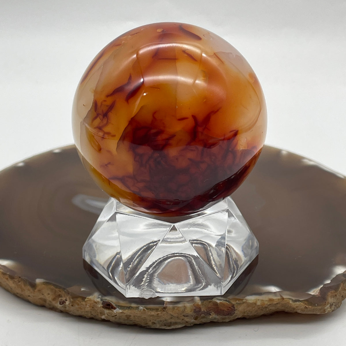 Natural Carnelian Agate Sphere Ball with Clear Acrylic Stand Display | (321.58g | 59.6mm | 75.0mm | Catalyst, "Hong Yun Dang Tou" Fortune & Vitality Anchor, 360° Energy Harmonizer & Feng Shui Wealth Sphere)