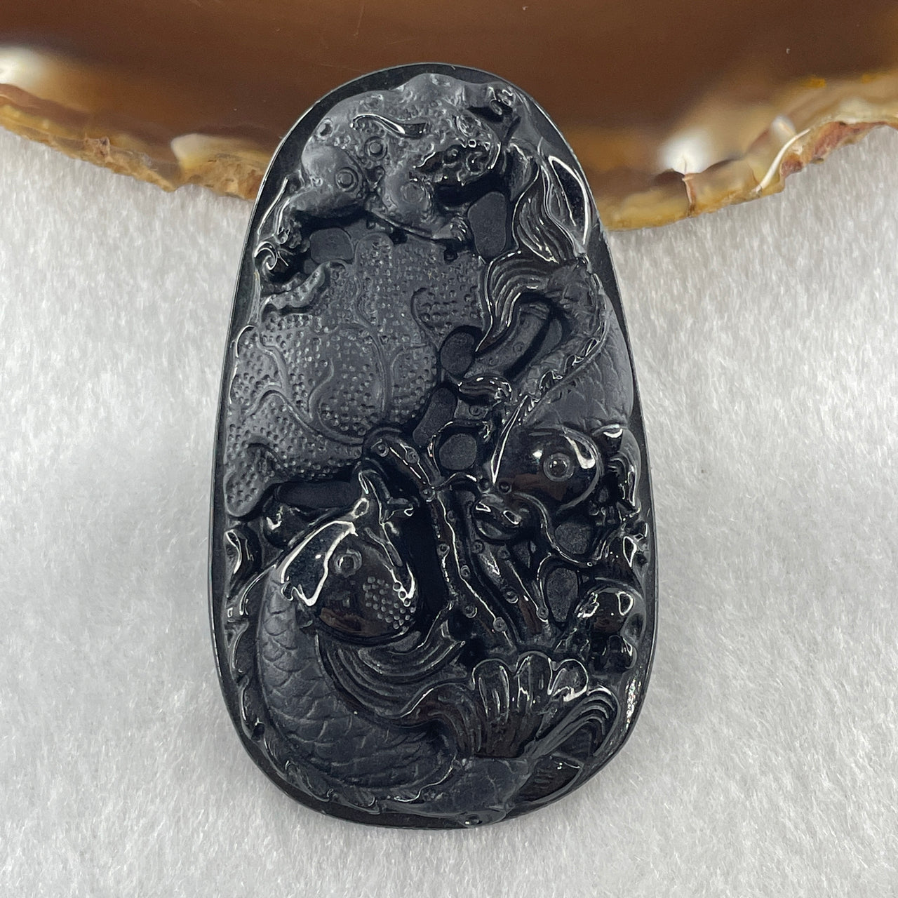 Type A Opaque to Partial Translucent Black Omphacite Jadeite Double Fish with 3 Legged Toad Chan Chu and Lotus Leaf Pendant 29.80g 62.6 by 36.5 by 8.9mm - Huangs Jadeite and Jewelry Pte Ltd