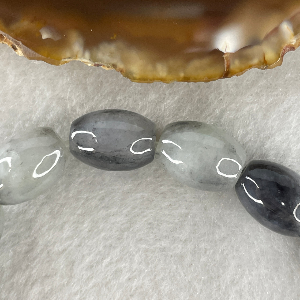 Natural Type A Wuji Grey Jadeite Lulutong Bead Bracelet | 10.2mm Black-Grey Cylinder Jade Beads, 14.5cm Wrist (30.32g, 13 Beads)