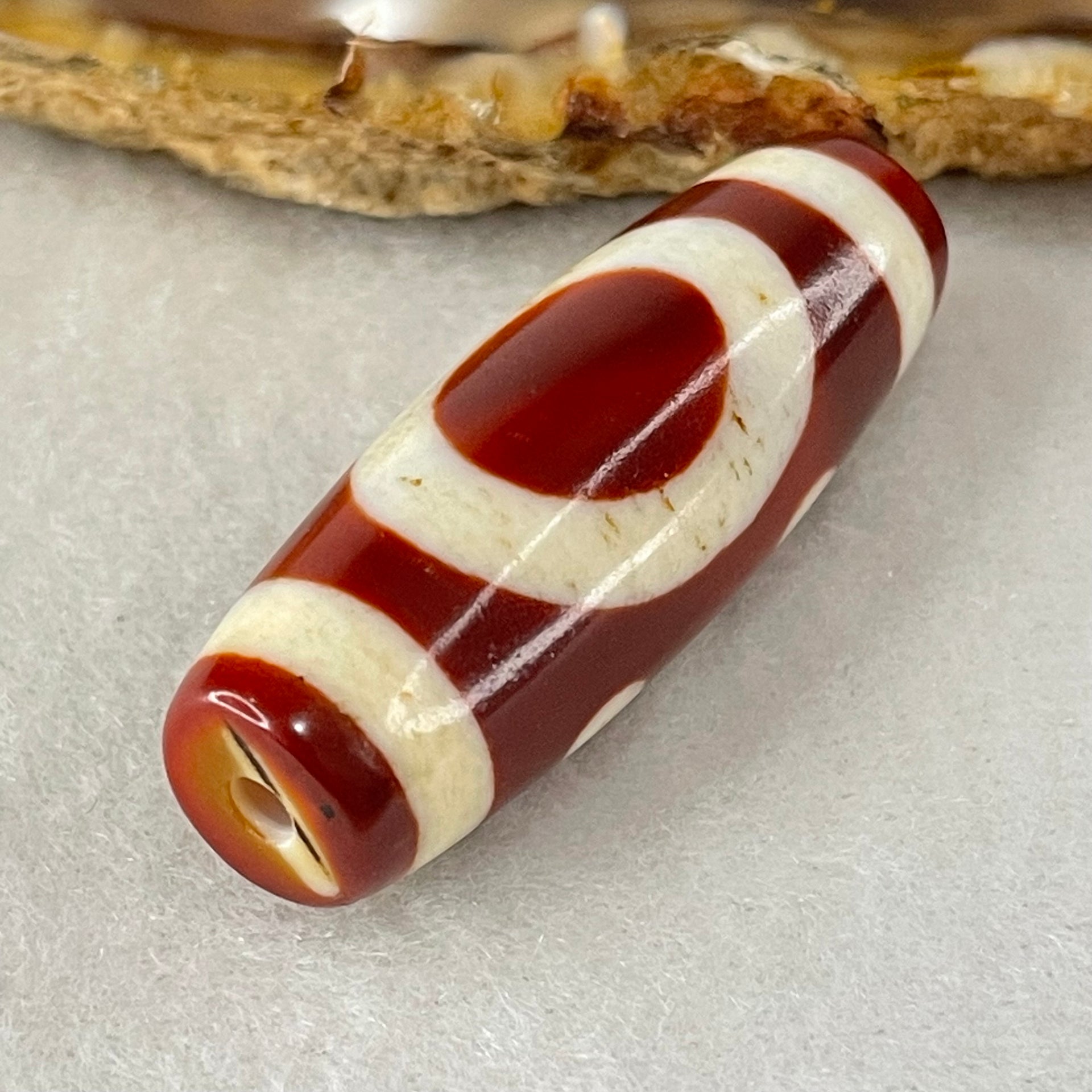 Natural Powerful Tibetan Old Oily Red White Agate One Eye Water Element Dzi Bead Heavenly Master (Tian Zhu) 一眼水元素天珠 10.47g 37.6 by 13.5mm - Huangs Jadeite and Jewelry Pte Ltd