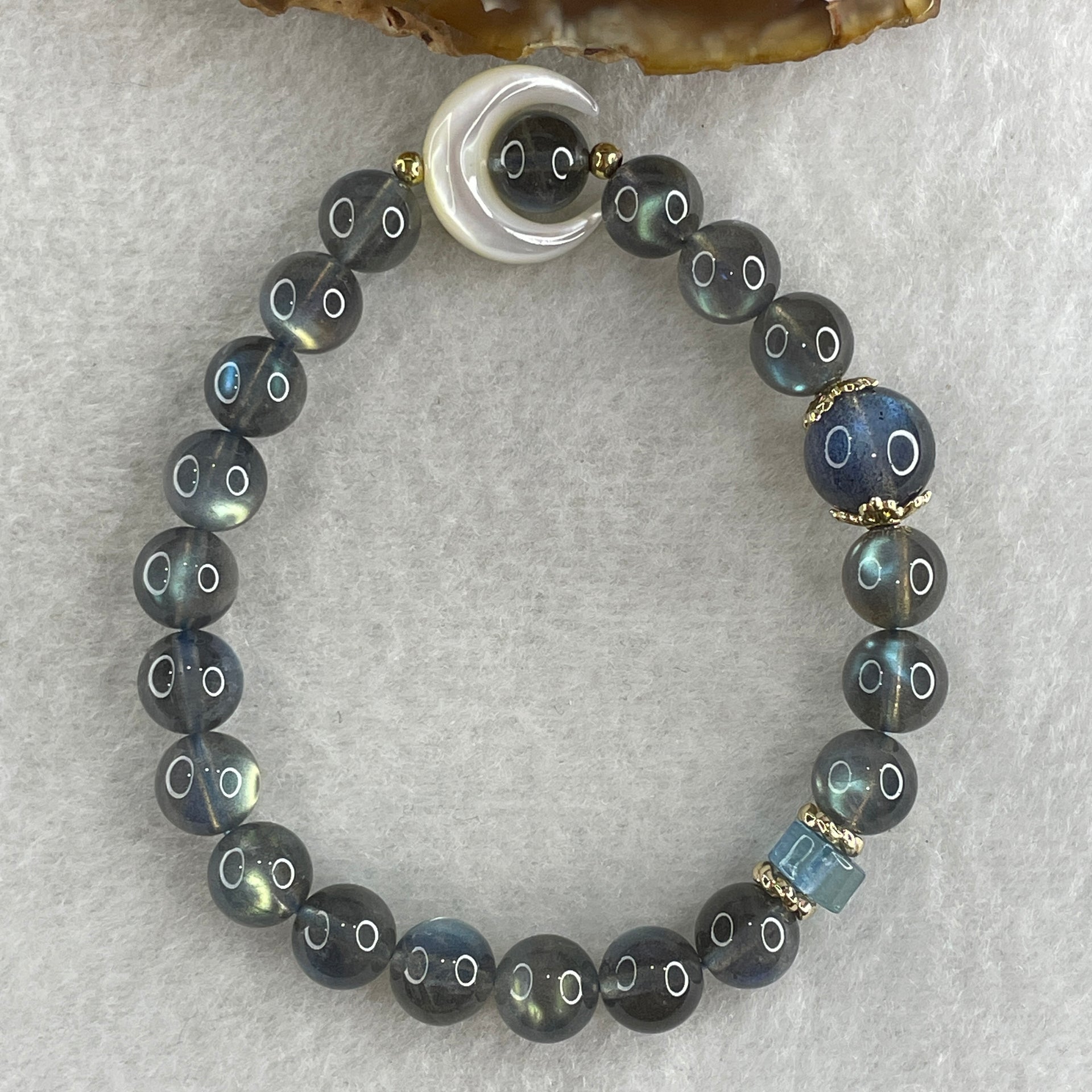 Good Grade Natural Labradorite Beads Bracelet with Moon Charm 19.86g 16cm 8.3mm 20 Beads - 10.4mm 1 Bead - Huangs Jadeite and Jewelry Pte Ltd