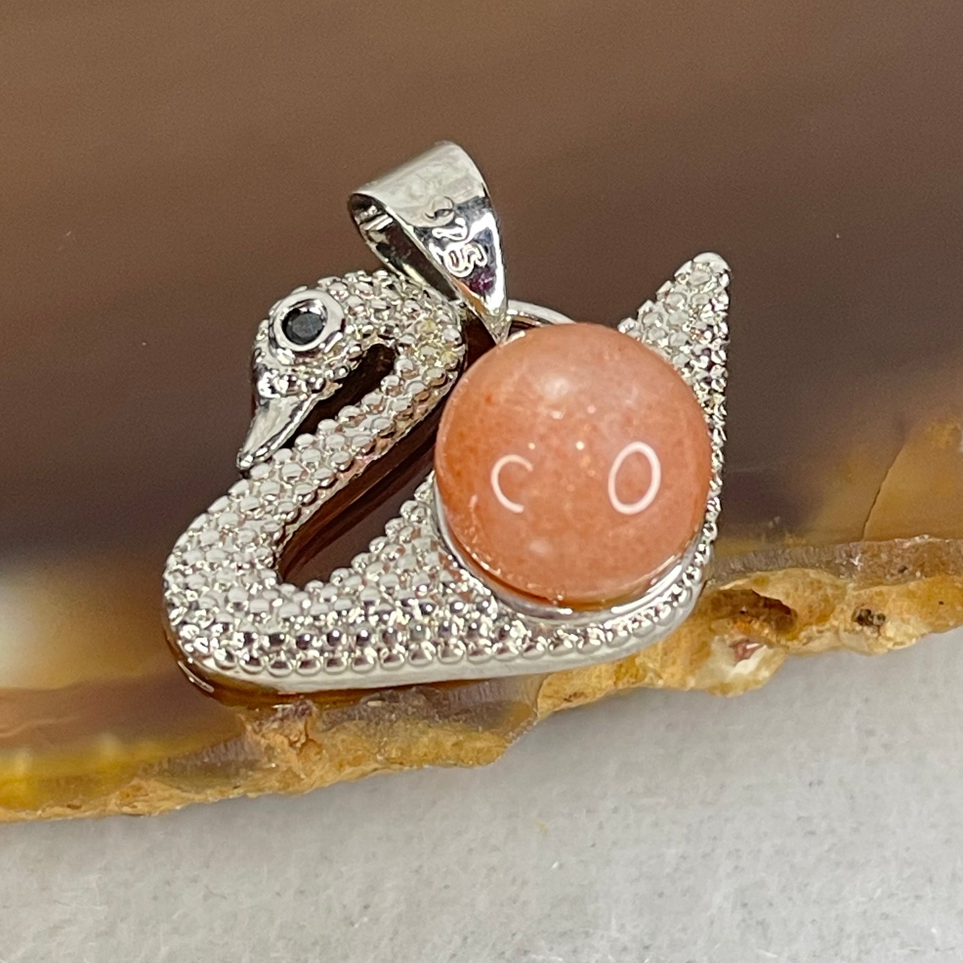 Natural Sunstone Bead with Crystals in S925 Sliver Swan Charm 3.31g 7.9mm - Huangs Jadeite and Jewelry Pte Ltd