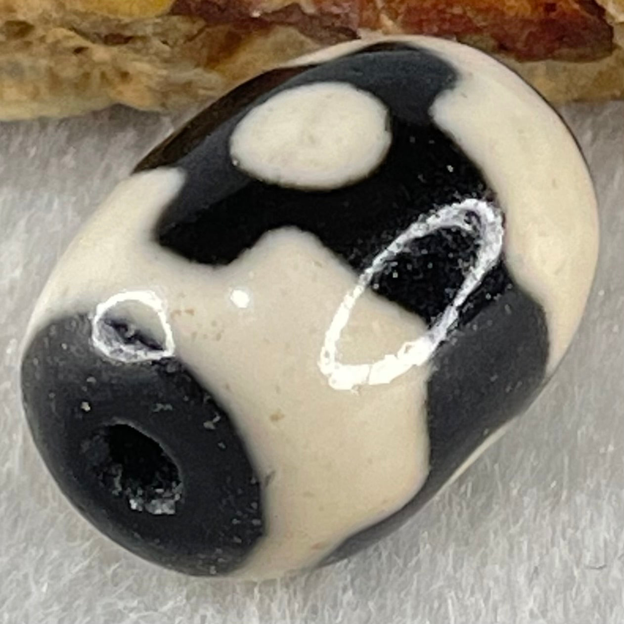 Natural Powerful Tibetan Old Oily Dark Brown With White Agate 3 Eyes Dzi Bead Heavenly Master (Tian Zhu) 三眼天诛 4.38g 17.0 by 13.0mm - Huangs Jadeite and Jewelry Pte Ltd
