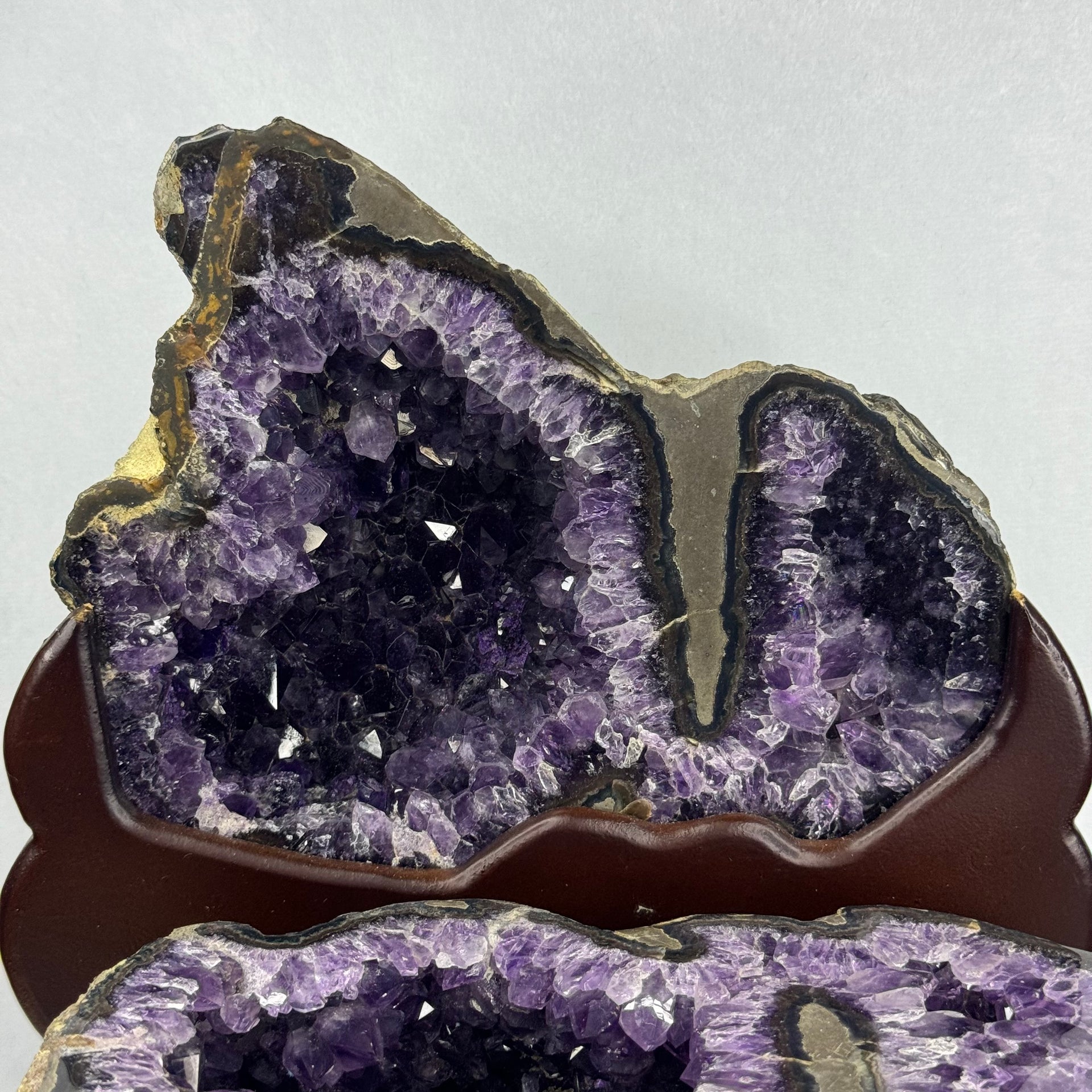 Natural Uruguay Amethyst Double Wealth Pot Cave Display with Wooden Stand 天然乌拉圭紫水晶洞摆件带木架 8,460.3g 260.0 by 300.0 by Heigh 300.0mm - Huangs Jadeite and Jewelry Pte Ltd
