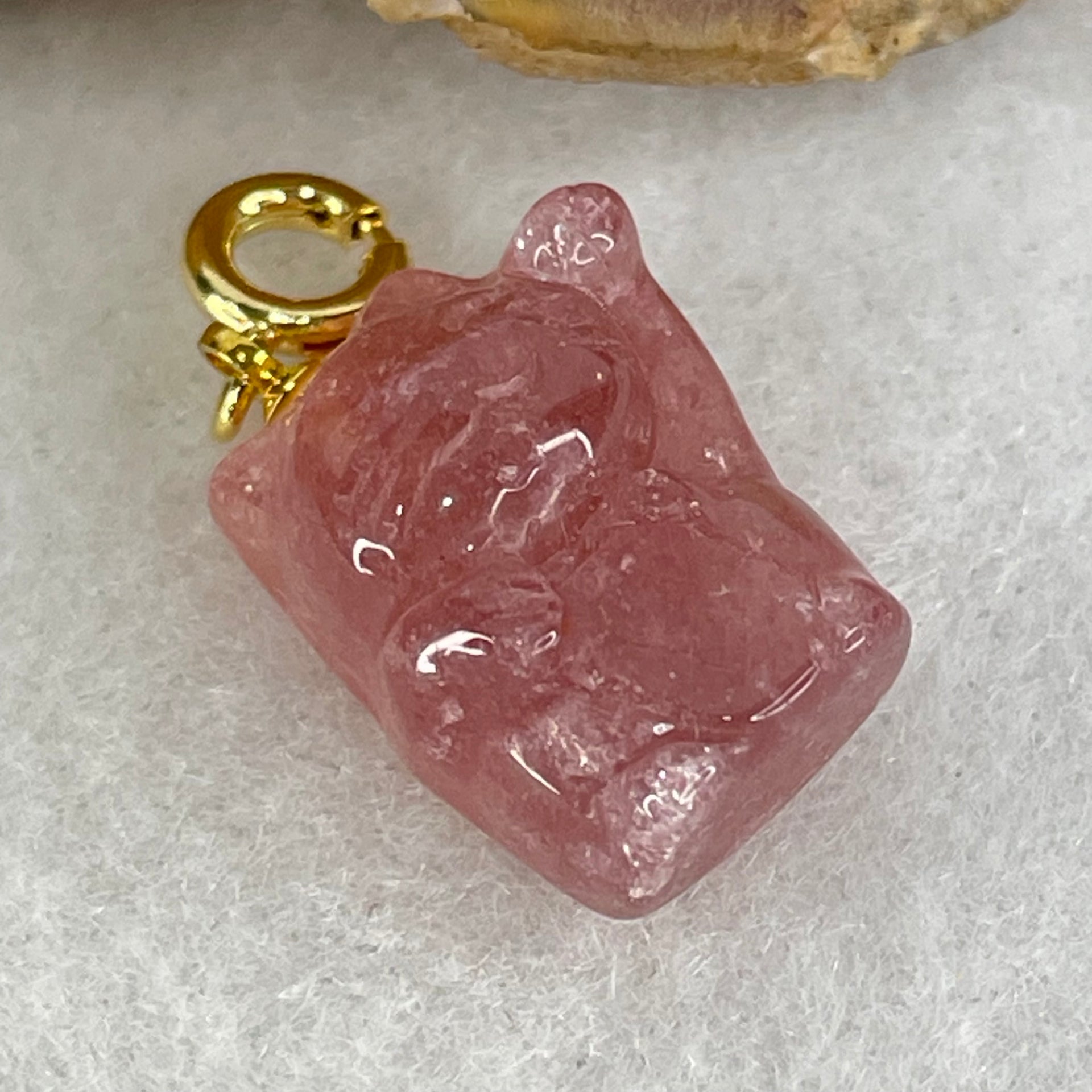 Natural Strawberry Quartz Fortune Cat Charm 3.52g 17.2 by 12.4 by 9.3mm - Huangs Jadeite and Jewelry Pte Ltd