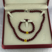 Natural Cinnabar with Amber Bracelet 16cm 8.5mm Necklace with Amber 44cm 8.5mm Set Total Weight 85.30g - Huangs Jadeite and Jewelry Pte Ltd