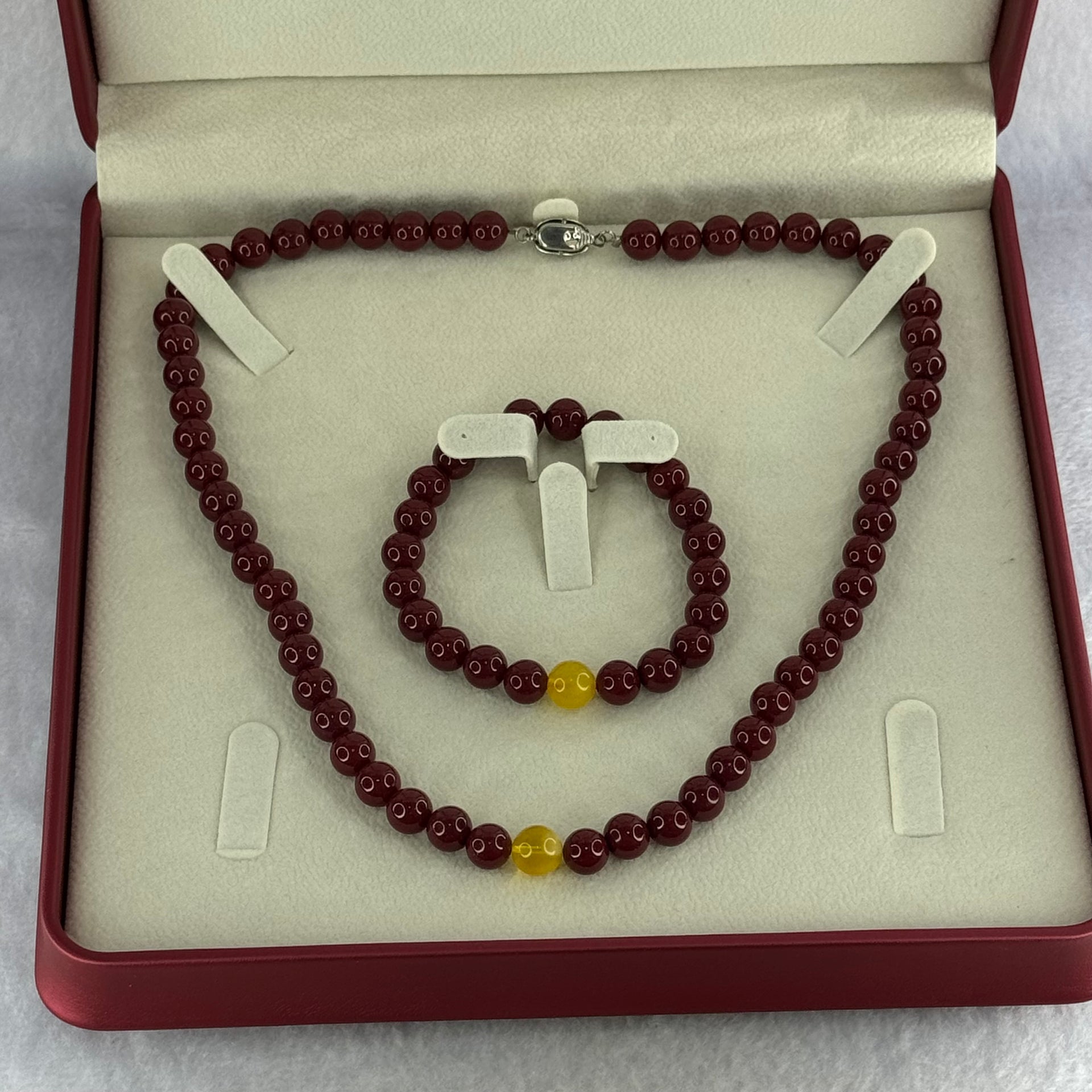 Natural Cinnabar with Amber Bracelet 16cm 8.5mm Necklace with Amber 44cm 8.5mm Set Total Weight 85.30g - Huangs Jadeite and Jewelry Pte Ltd