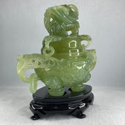 Natural Jelly Light Green Serpentine Pixiu Incense Burner with Wooden Stand Display 1,364.0 by 178.0 by 110.0 by 205.0mm - Huangs Jadeite and Jewelry Pte Ltd