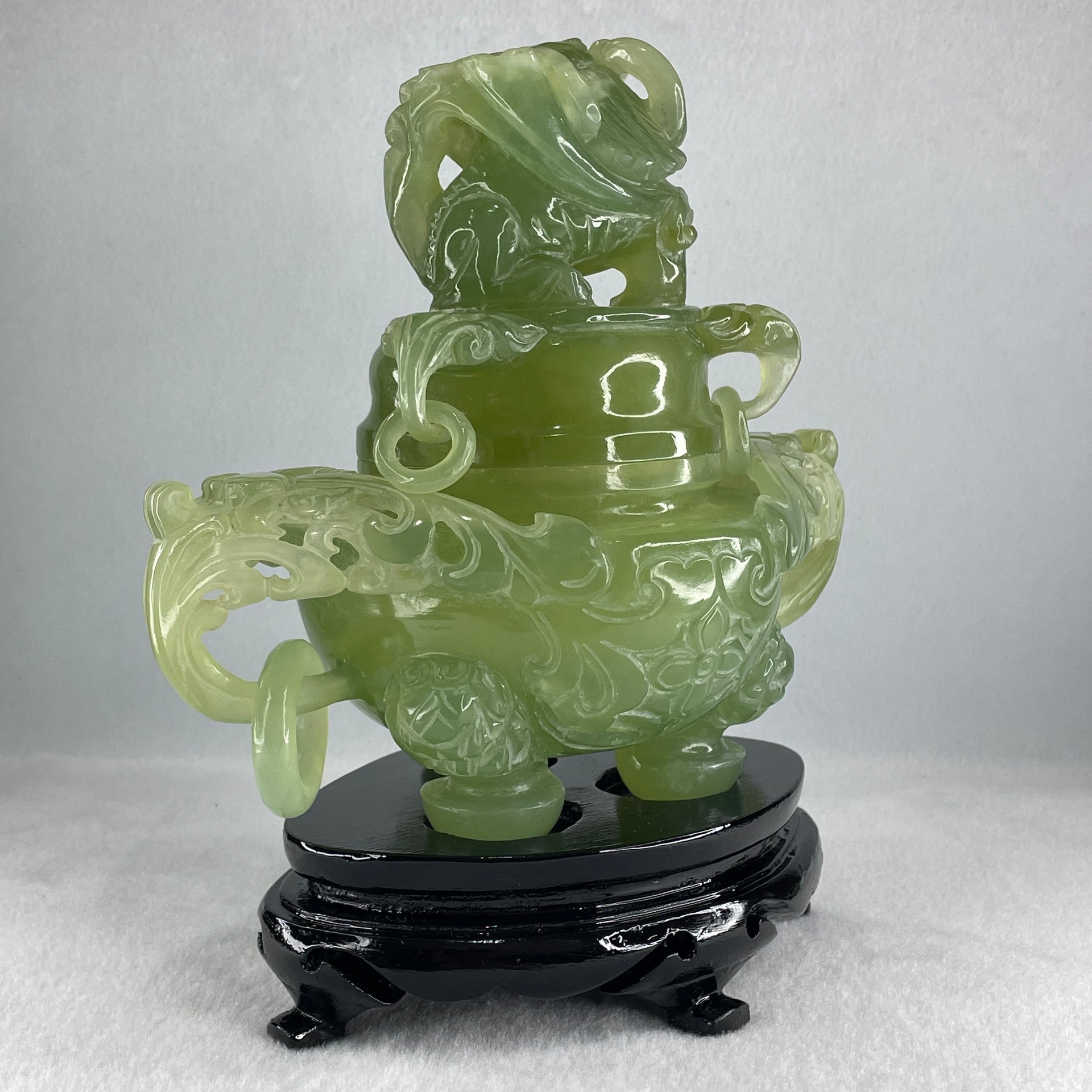Natural Jelly Light Green Serpentine Pixiu Incense Burner with Wooden Stand Display 1,364.0 by 178.0 by 110.0 by 205.0mm - Huangs Jadeite and Jewelry Pte Ltd