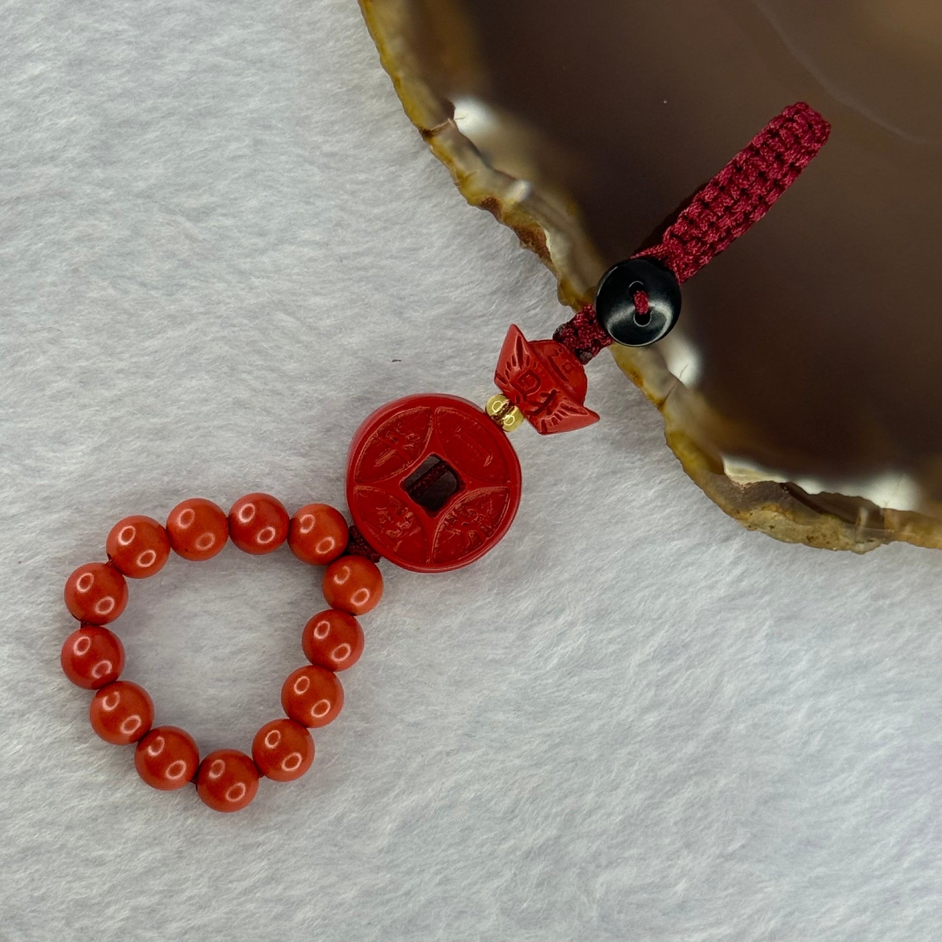 Natural Red Cinnabar Bead with Gold Coin and Ingot Charm 11.40g 17.9 by 6.3mm 6.3mm 13 Beads - Huangs Jadeite and Jewelry Pte Ltd