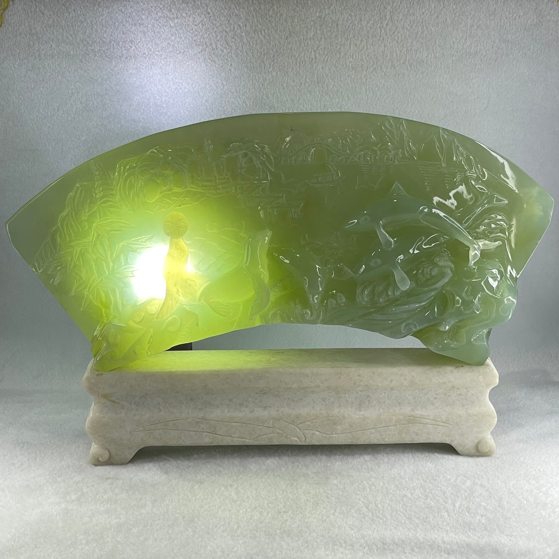 Natural Semi Icy Green Serpentine 3 Seals with Double Whales on Shan Shui with Stone Stand Display  3,486.0g 326.0 by 50.0 by 210.0mm - Huangs Jadeite and Jewelry Pte Ltd