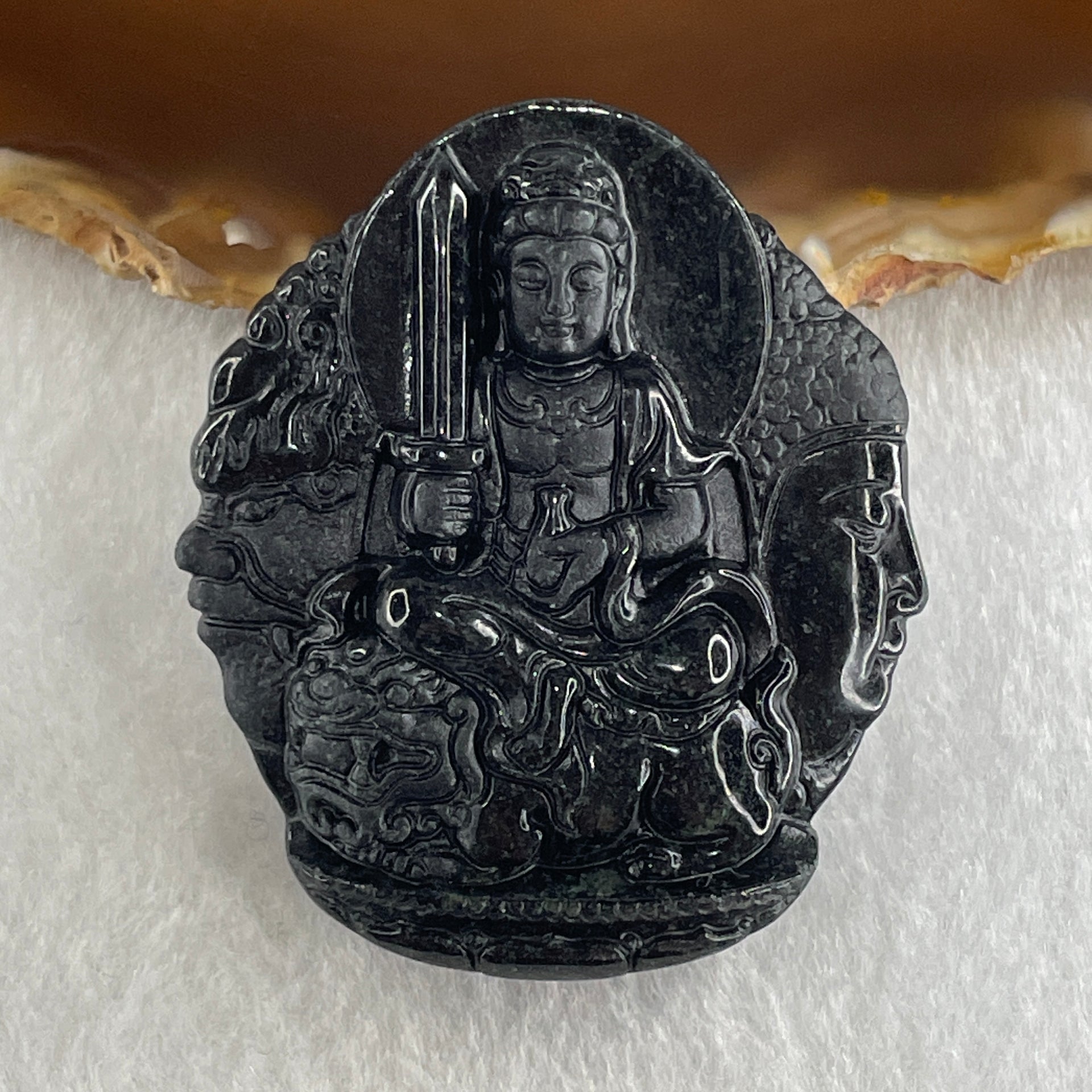 Type A Opaque Black Omphacite Jadeite Good Vs Evil Manjushri Bodhisattva Pendant Rabbit Zodiac Guardian 39.25g 50.5 by 44.0 by 13.3mm - Huangs Jadeite and Jewelry Pte Ltd