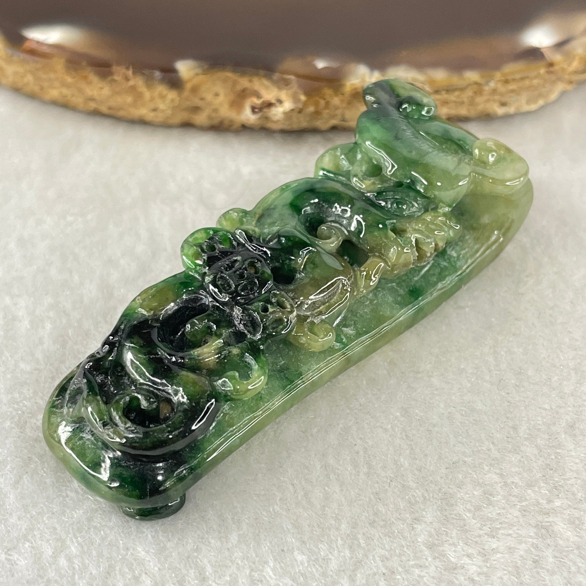 Antique Natural Type A Old Mine Spicy Green with Dark Green Patches Jadeite Dragon Coins with Ruyi Pendant 26.94g 57.8 by 21.2 by 14.7mm - Huangs Jadeite and Jewelry Pte Ltd