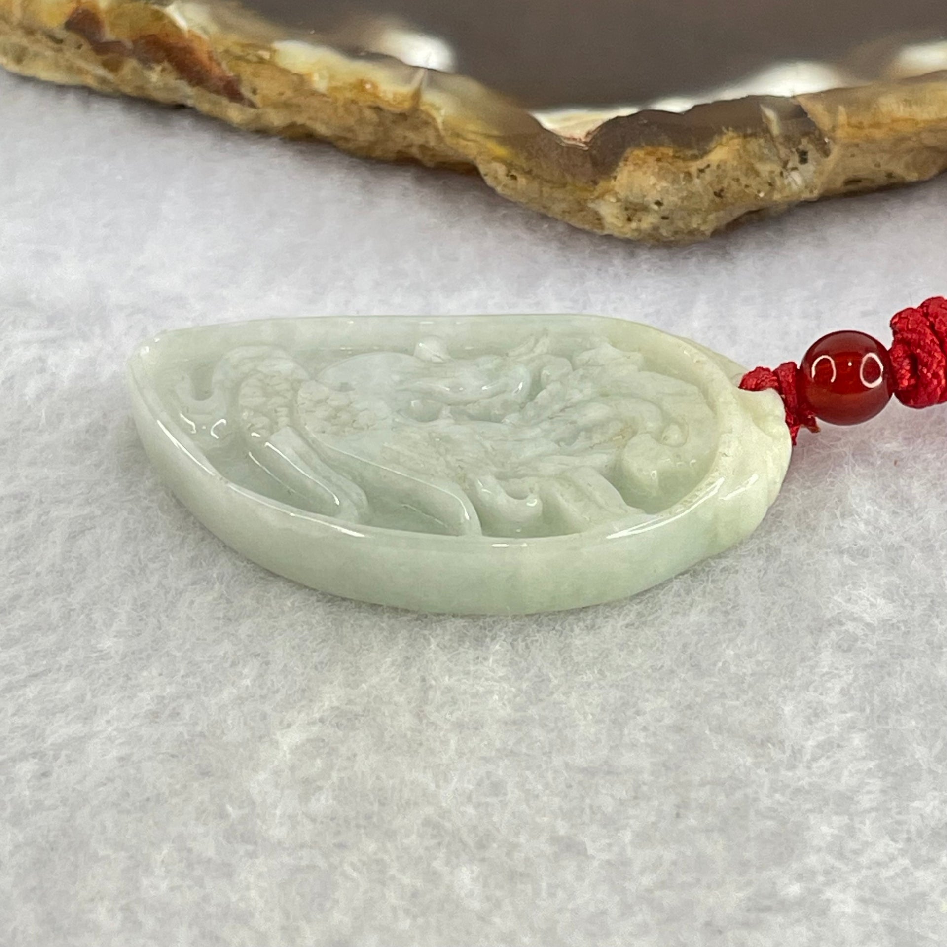 Type A Light Lavender and Green Phoenix Half Heart Pendant 13.55g 4.5 by 24.4 by 5.7mm - Huangs Jadeite and Jewelry Pte Ltd