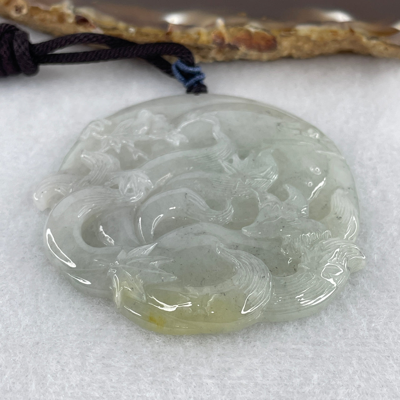 Natural Type A Multi-Color Jadeite Nine-Tailed Fox & Twin Birds Pendant | Masterpiece Hand-Carved Myanmar Feicui | Supreme Charisma, Protection & Relationship Harmony Amulet (35.35g | 57.9x55.4x6.1mm)