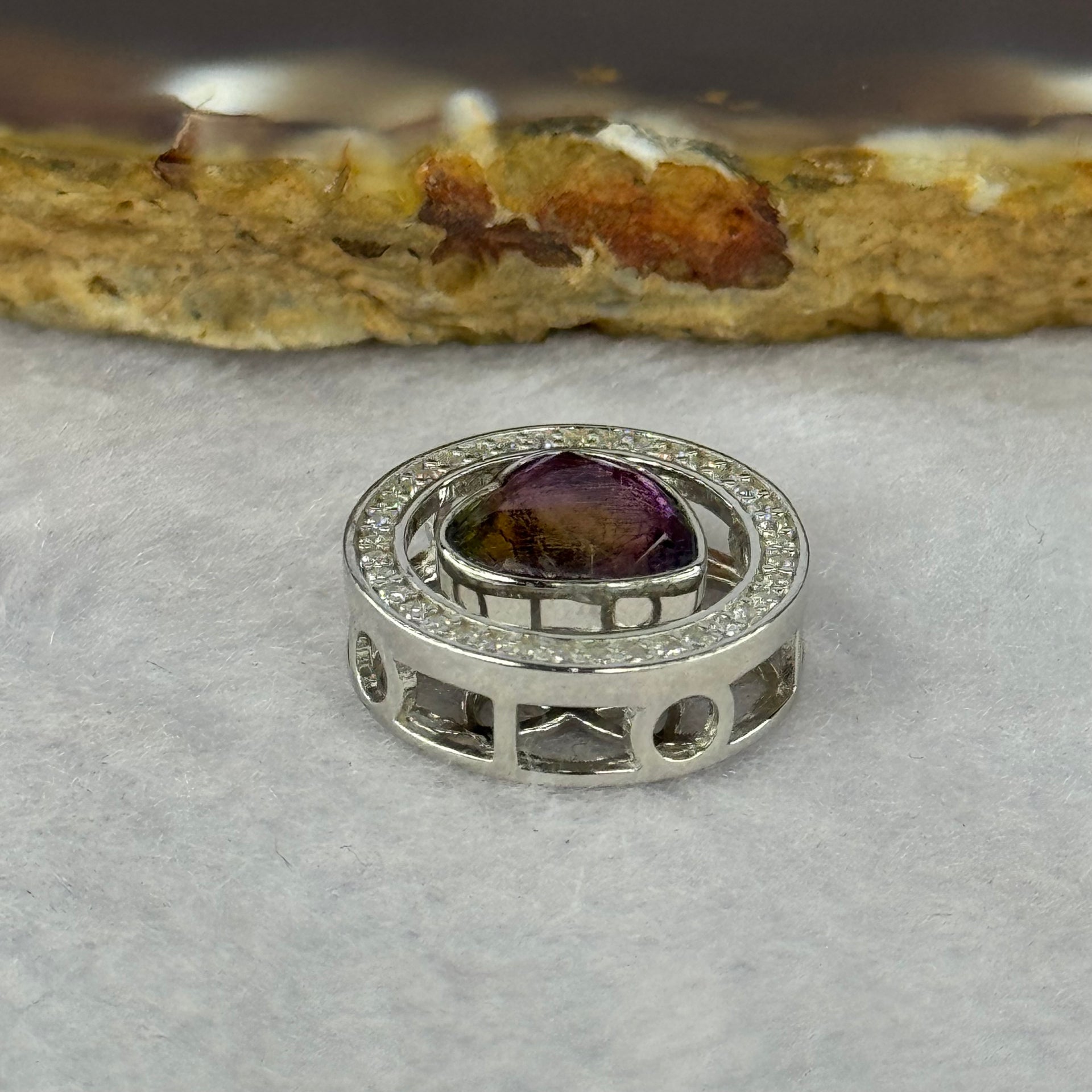 Natural Meteorite Powerful Energy Spinning Purple with Yellow Heart Charm in S925 Silver with Crystals For Necklace / Bracelet 2.85g 15.8 by 7.0mm - Huangs Jadeite and Jewelry Pte Ltd