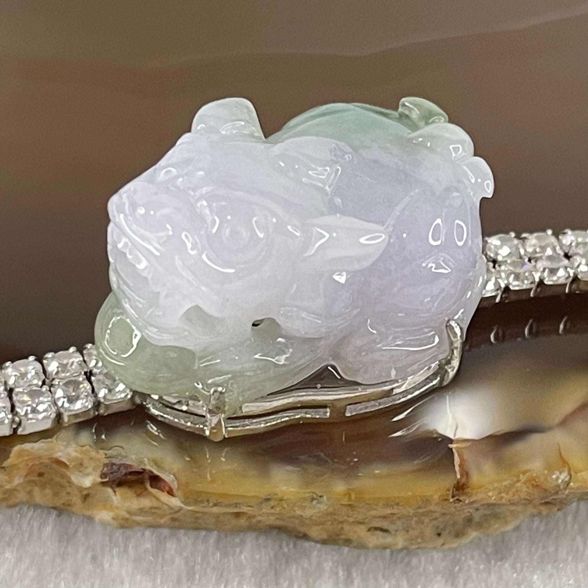 Type A Lavender and Blueish Green Jadeite Male Pixiu in S925 Sliver with Crystals Bracelet 14.06g 22.2 by 15.5 by 13.0mm - Huangs Jadeite and Jewelry Pte Ltd