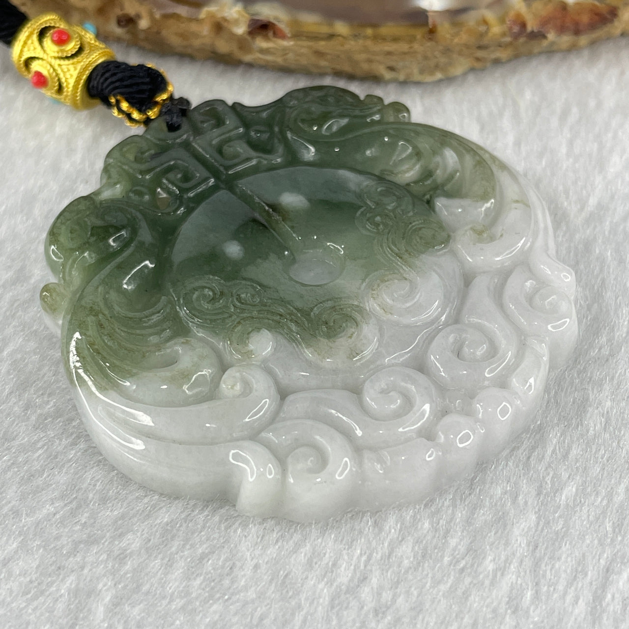 Natural Type A Light Lavender with Blueish Green Jadeite Dragon Phoenix Ping An Kou Pendant 40.99g 49.8 by 52.1 by 6.8mm