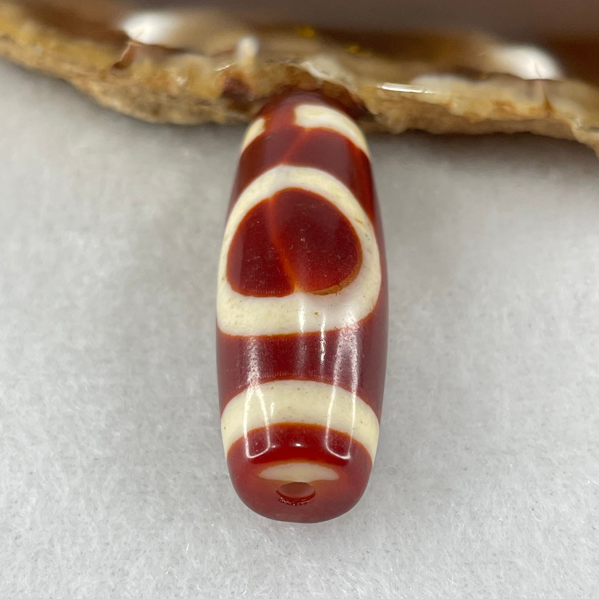 Natural Powerful Tibetan Old Oily Red White Agate One Eye Fire Sign Dzi Bead Heavenly Master (Tian Zhu) 一眼火天珠 10.70g 37.4 by 13.4mm - Huangs Jadeite and Jewelry Pte Ltd