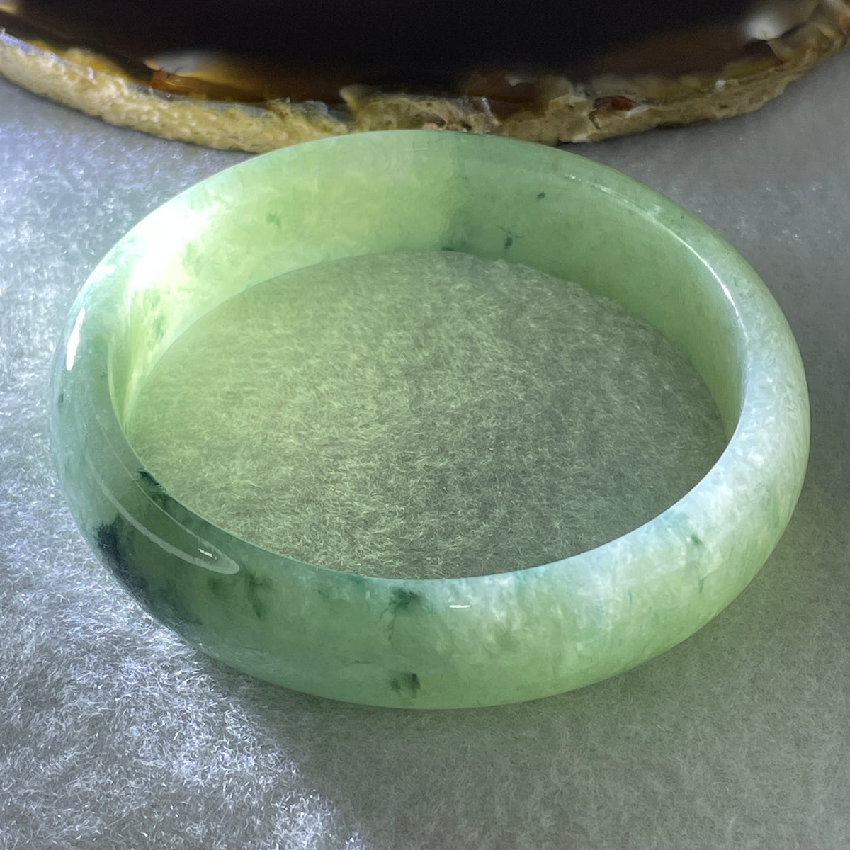 Certified Natural Type A Jelly Green & Green Piao Hua Jadeite Oval Bangle | (43.47g | 54.3mm Inner Diameter | 13.8mm x 6.6mm | Very Very Slight External Rough | Radiance, Steady Wealth "Zheng Cai" Anchor & Feng Shui Prosperity Catalyst) - Huangs Jadeite and Jewelry Pte Ltd