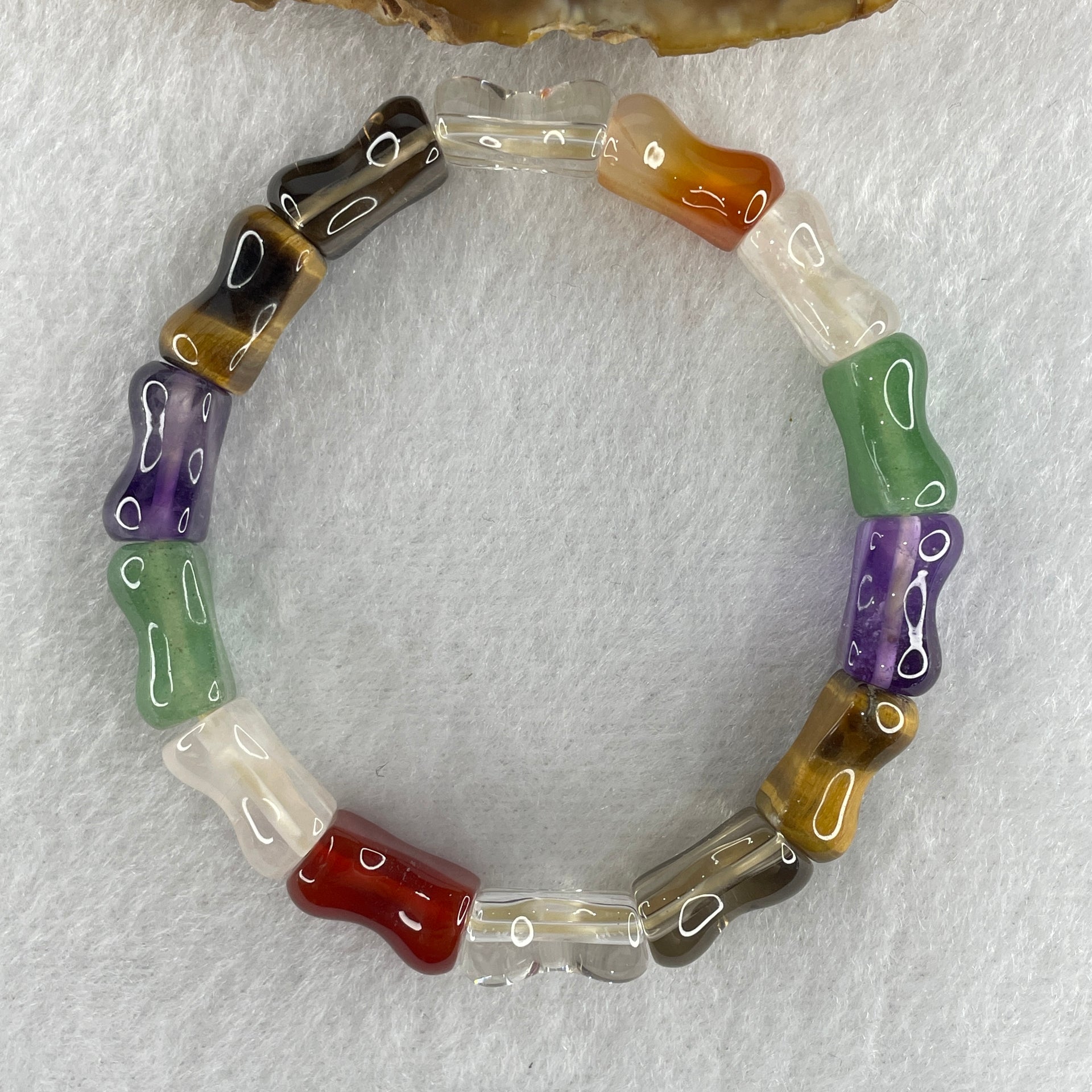 Natural Multi Treasures Mixed Quartz Bamboo Shaped Beads Feng Shui Bracelet 11.19g 16cm 9.4mm 14 Beads - Huangs Jadeite and Jewelry Pte Ltd