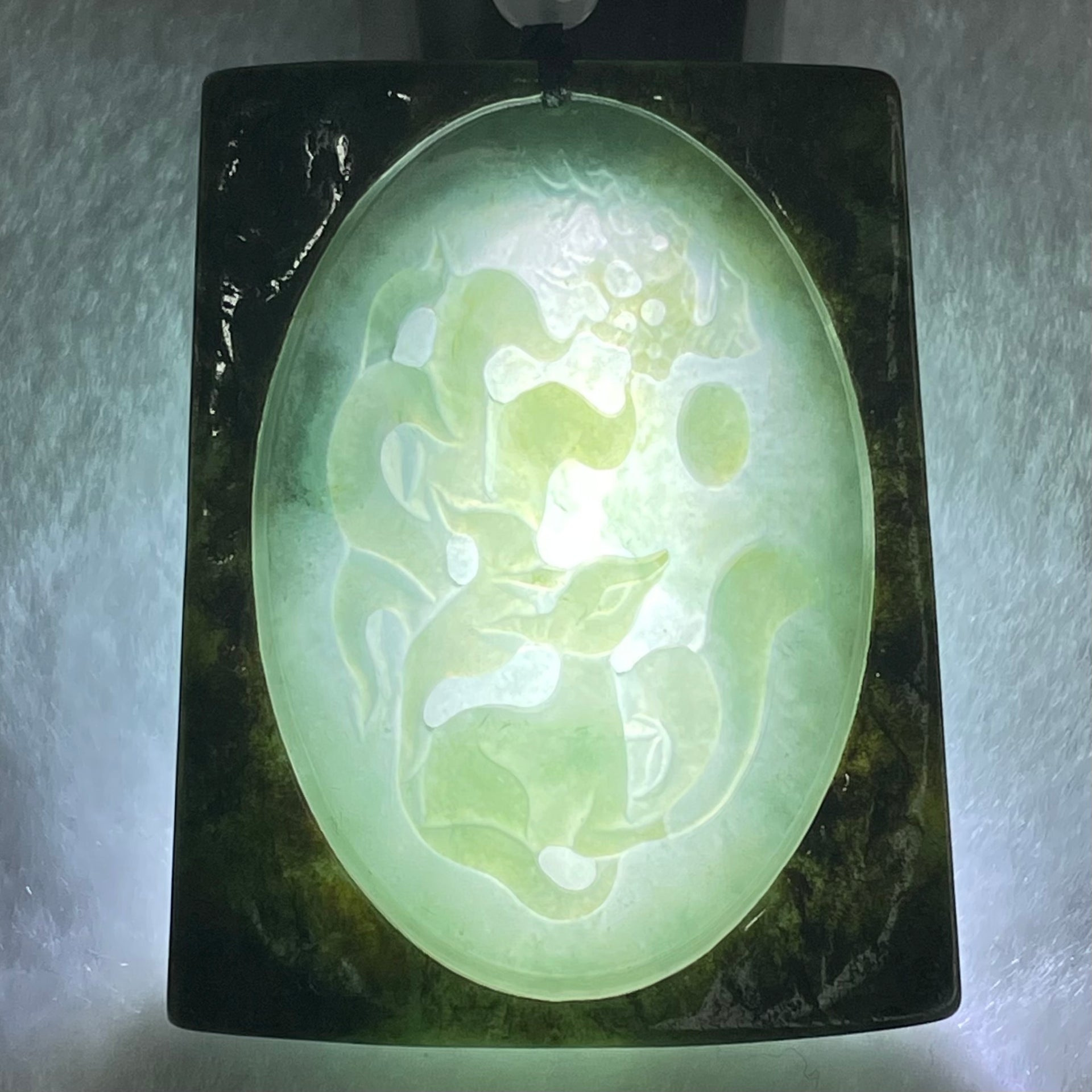 Grand Master Type A Blueish Green with Dark Brown Skin Jadeite 9 Tail Fox Pendant 41.48g 53.5 by 42.3 by 9.8mm - Huangs Jadeite and Jewelry Pte Ltd