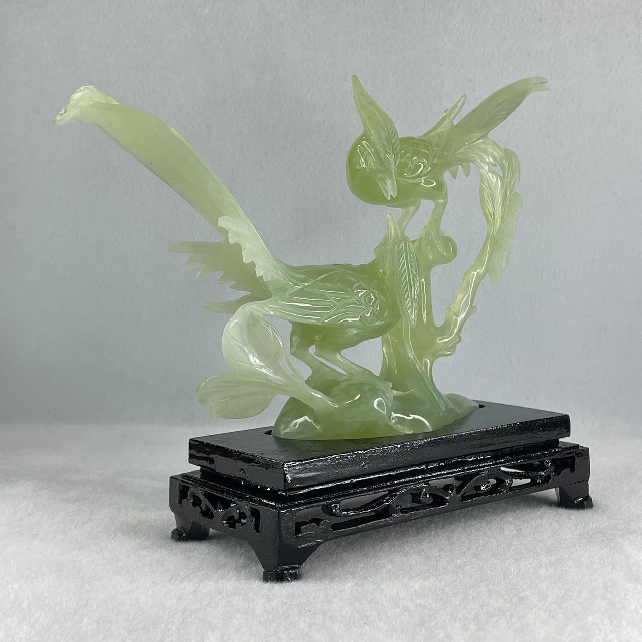 Natural Green Serpentine Double Phoenix with Wooden Stand Display 411.1g 25.0 by 70.0 by 170.0mm