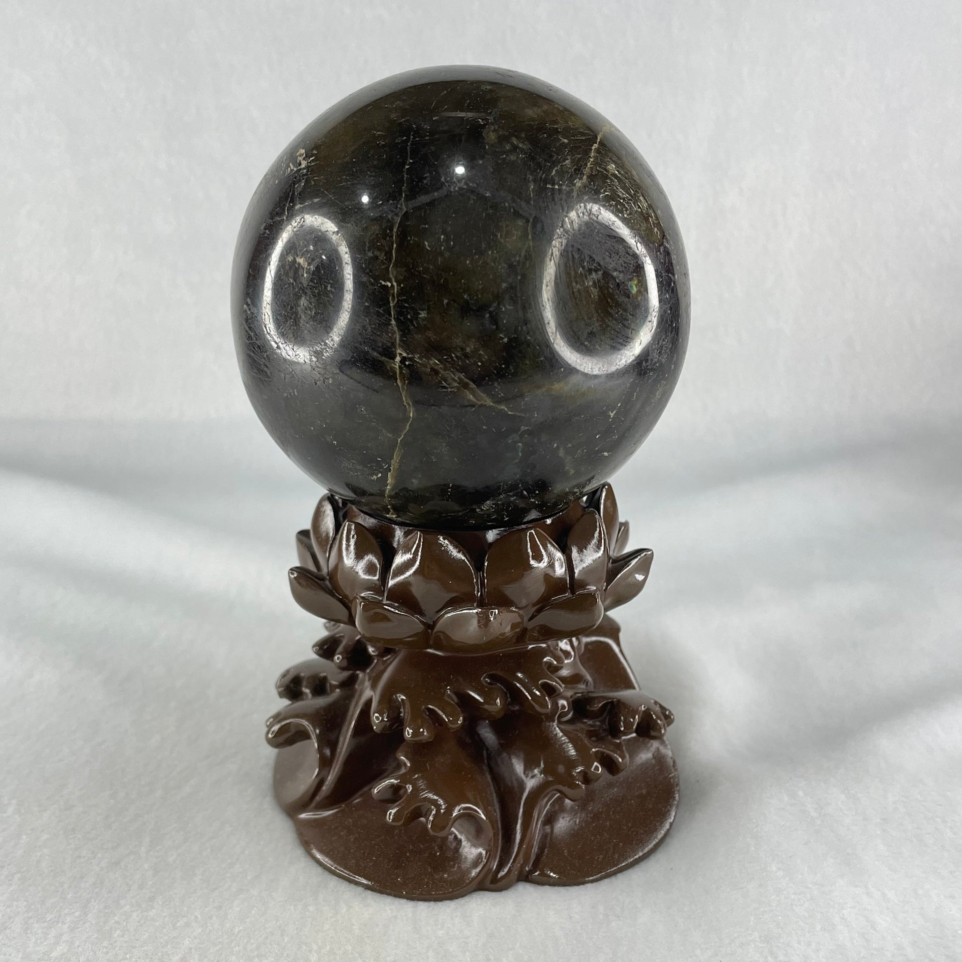 Good Grade Natural Labradorite Sphere Ball with Wooden Stand 952.9g 82.0 by 77.5 by 135.0mm - Huangs Jadeite and Jewelry Pte Ltd