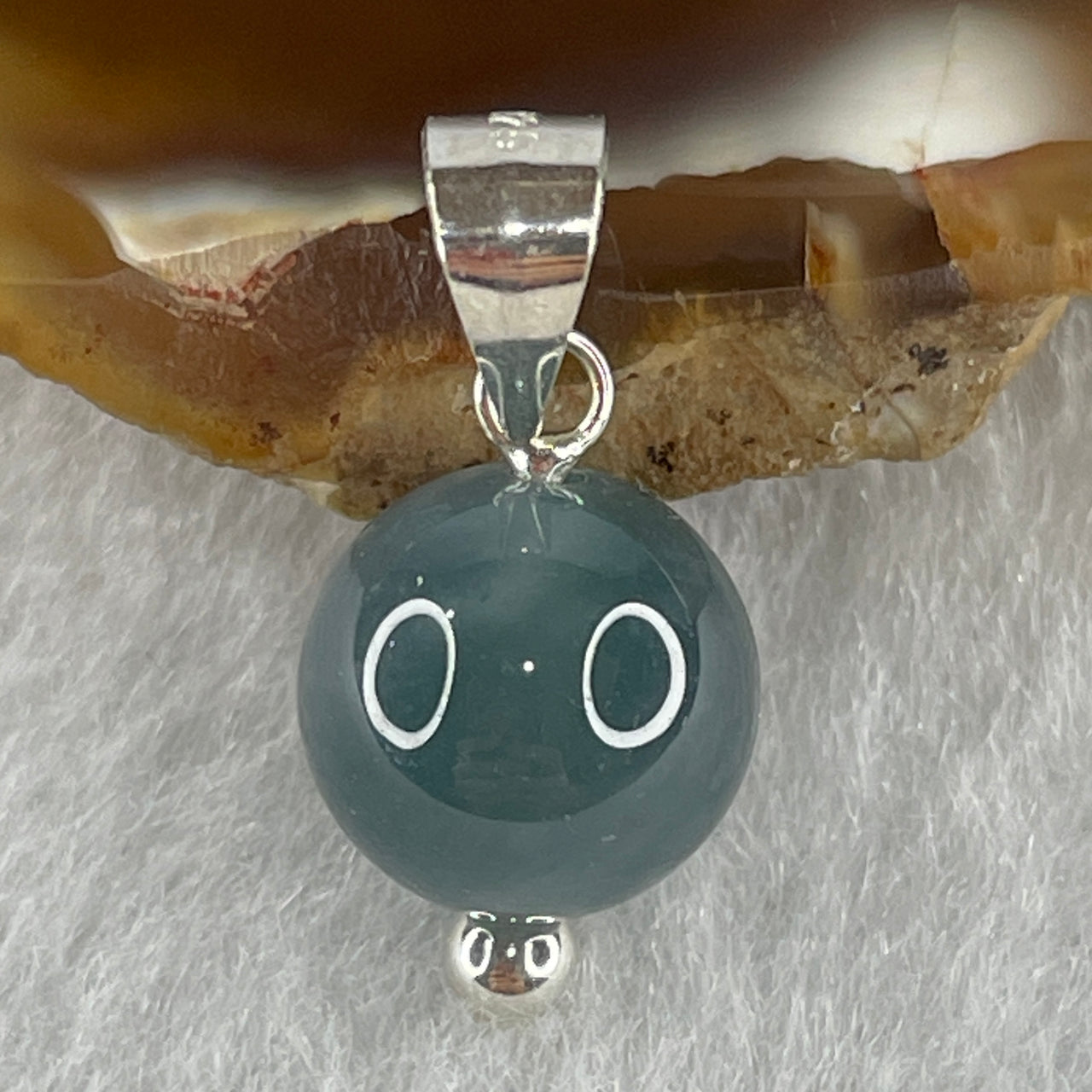 Good Grade Natural Type A Icy Intense Blueish Green Jadeite Bead Pendant in S925 Silver 2.05g 9.9mm