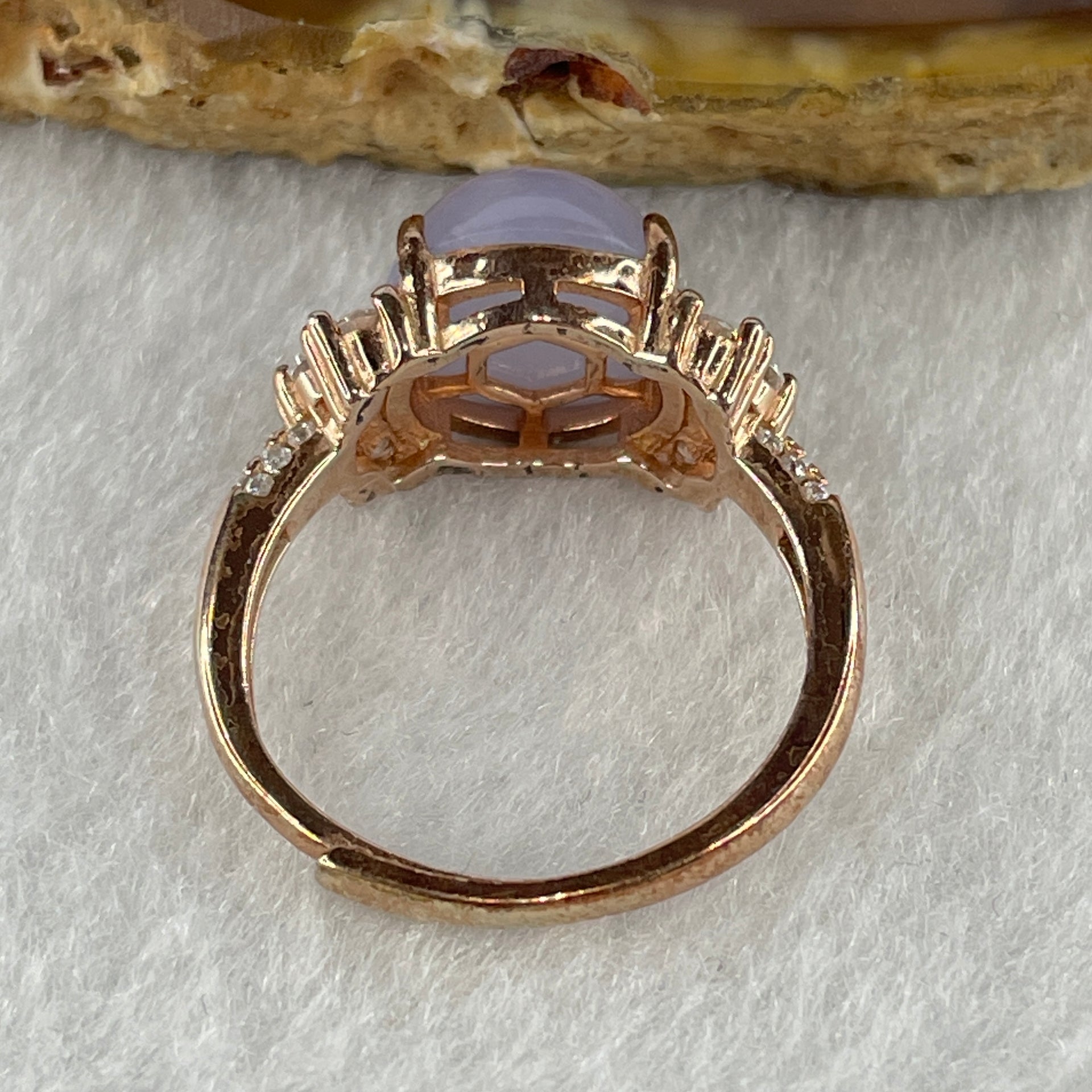 Certified Natural Type A Lavender Jadeite Round Shape Cabouchon with Cubic Zirconia in S925 Rose Gold Coler Silver Ring (Adjustable Size) 3.908g 10.3 by 9.7 by 6.0mm - Huangs Jadeite and Jewelry Pte Ltd