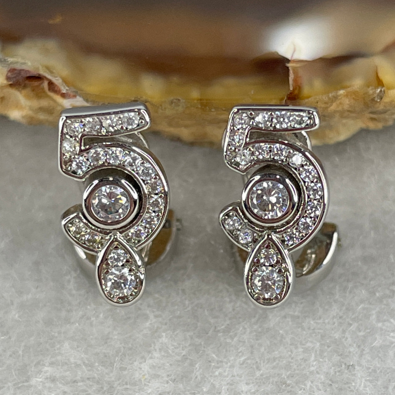 Moissanite Number 5 Stud Earrings in S925 Sterling Silver - D Color Round Brilliant Cut Lucky No. 5 Designer Style Studs - 3.15g 2.4x1.2mm 13.0x6.9x2.5mm