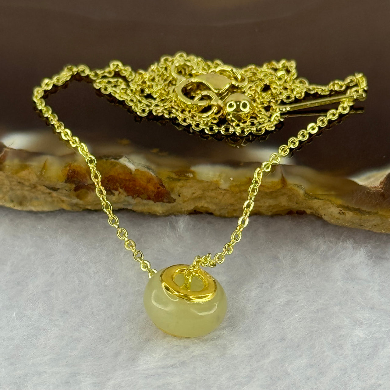 Natural Yellowish Nephrite Ping An Kou Donut 999 Gold Pendent in Gold Color Necklace 2.79g 10.0 by 6.0mm - Huangs Jadeite and Jewelry Pte Ltd