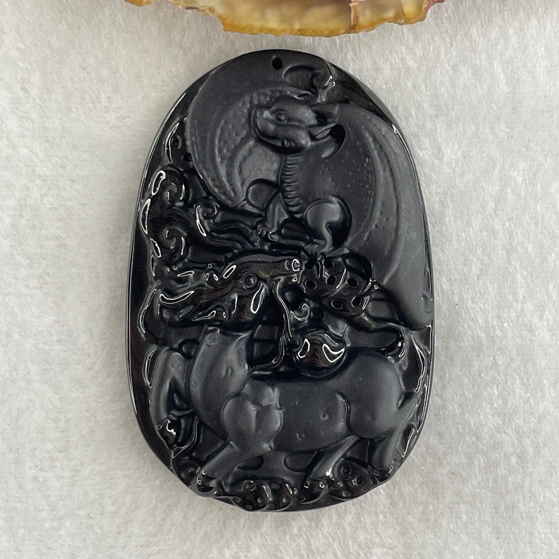 Type A Opaque to Partial Translucent Black Omphacite Jadeite Deer, Bat, Peach, Coins and Ruyi Pendant 27.95g 56.4 by 38.2 by 9.4mm - Huangs Jadeite and Jewelry Pte Ltd
