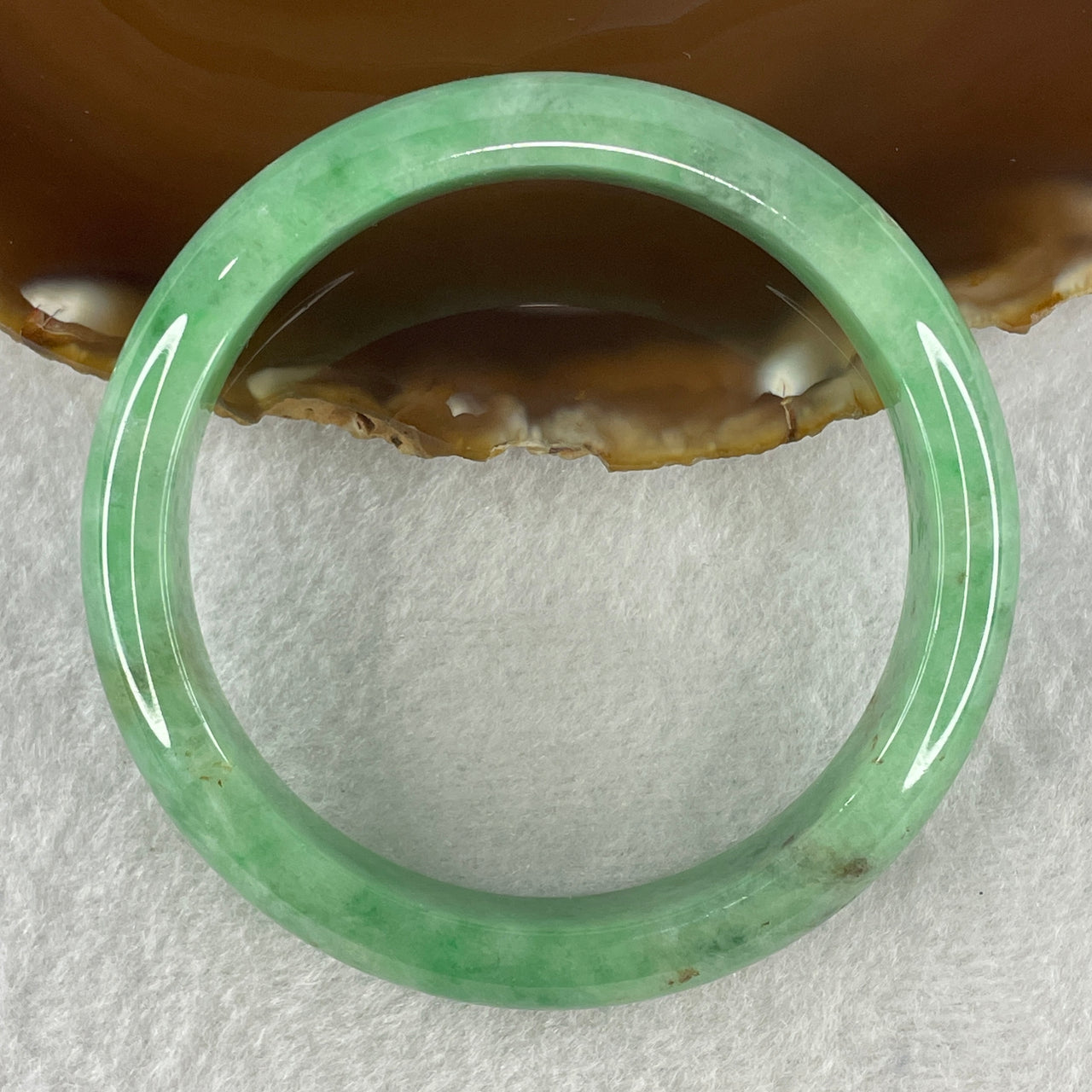 Certified Natural Type A Bright Green with Emerald Green and Brownish Fluorite Piao Hua Jadeite Bangle 55.93g Internal Diameter 57.3mm 13.4 by 8.1mm ( Very Very Slight Internal Line) ( Very Very External Rough)