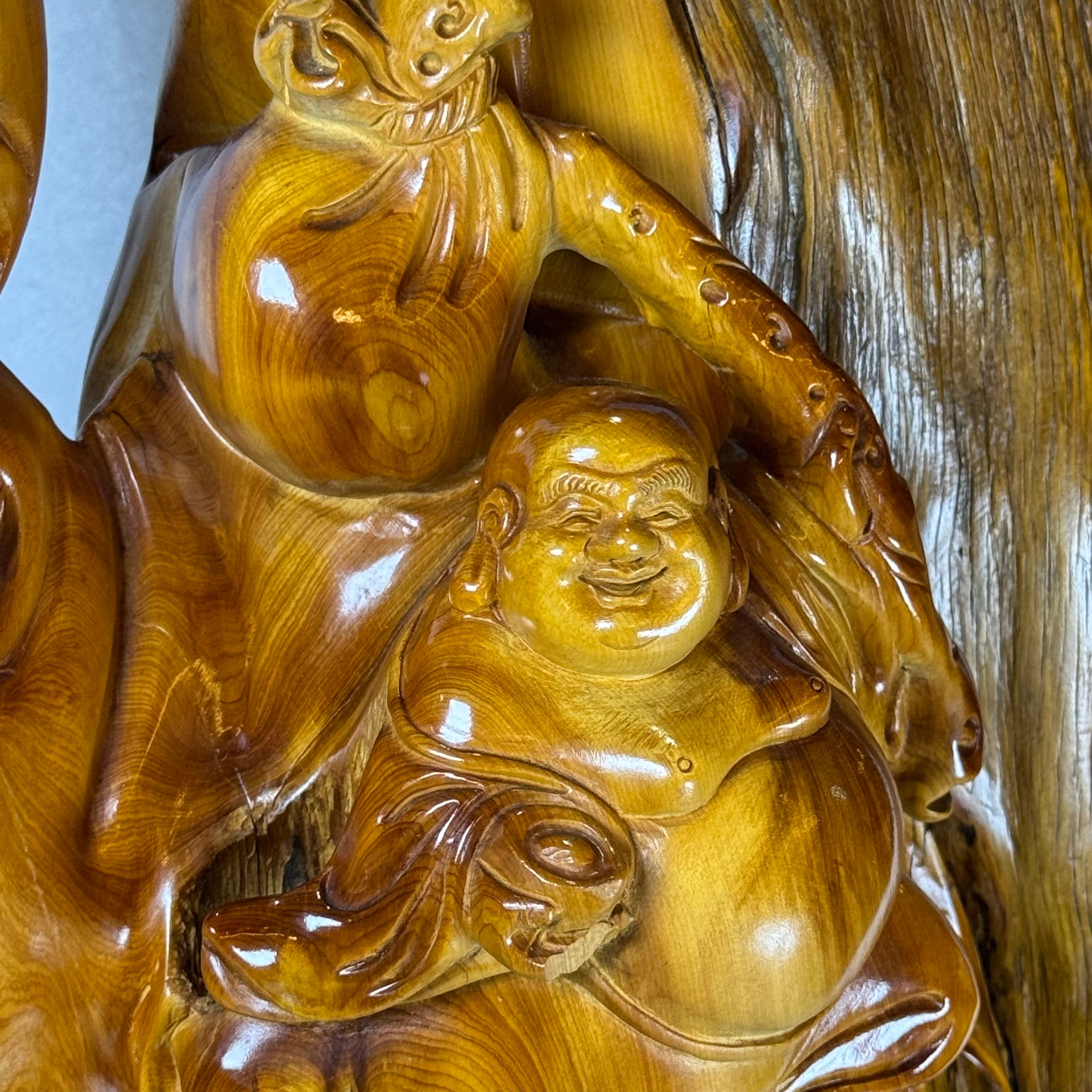Natural Huang Hua Li Yellow Rosewood Milo Buddha with Money Bag and Ruyi Display with Wooden Stand 14,727.7g 410.0 by 280.0 by 750.0mm - Huangs Jadeite and Jewelry Pte Ltd