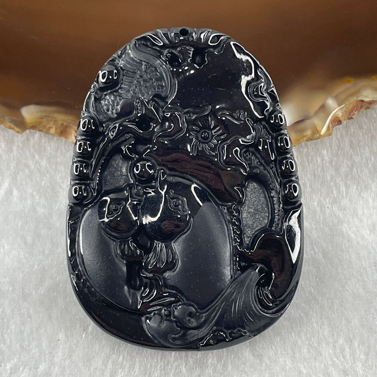 Type A Opaque to Partial Translucent Black Omphacite Jadeite Double Fish with lotus Leaf Pendant 24.44g 52.2 by 38.5 by 9.0mm - Huangs Jadeite and Jewelry Pte Ltd